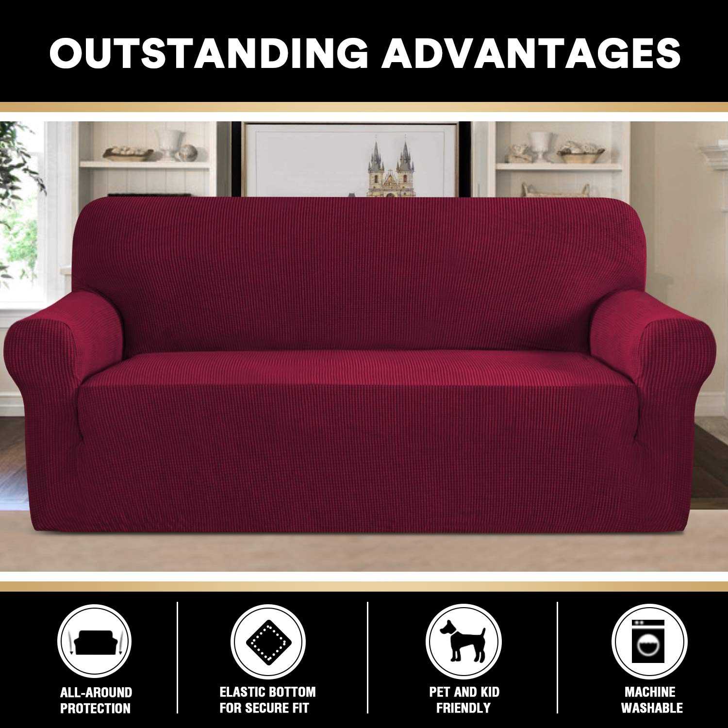 PrinceDeco 3-Cushion Couch Cover – Extra Large Pet-Friendly Sofa Slipcover, Washable Furniture Protector for Oversized Couches (Fitted Design Stays in Place) – Perfect for Living Rooms, Family Rooms & Pet-Friendly Homes (XL Size, Burgundy Red)