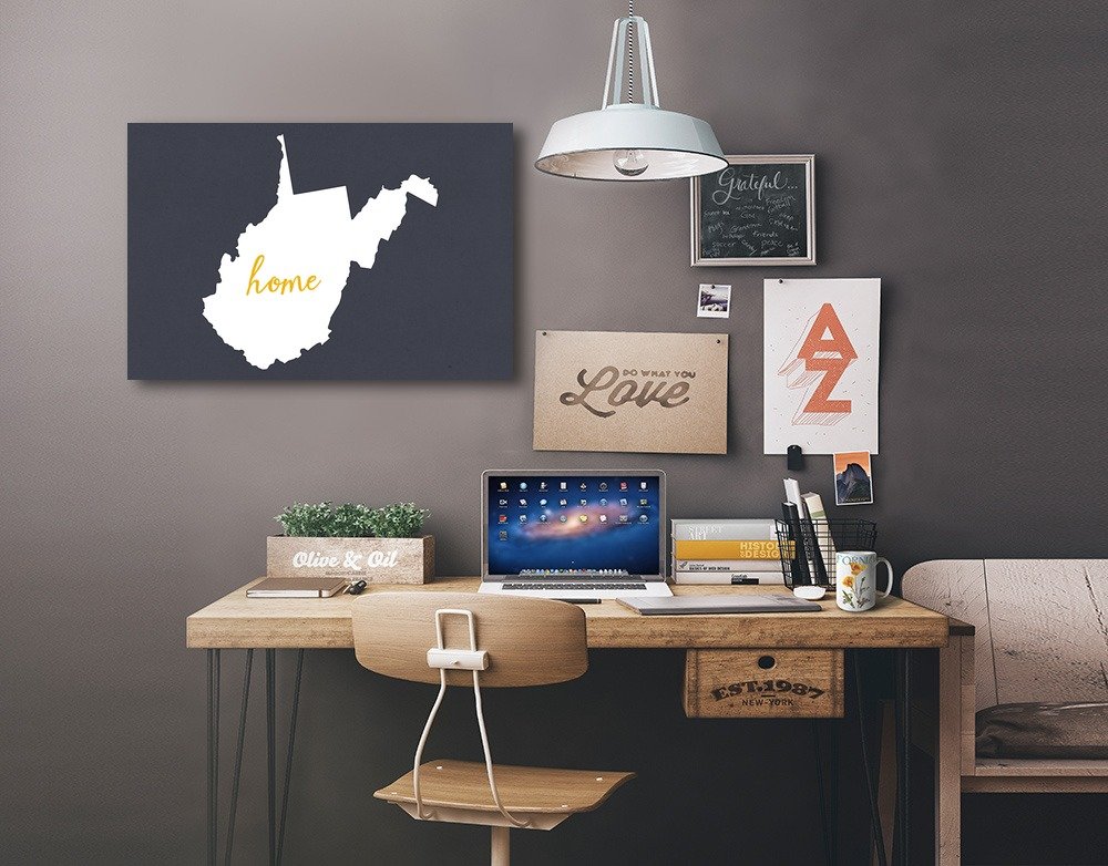West Virginia Home State White on Gray Wrapped Canvas - 16x24 Wall Art Decor for Living Room, Bedroom & Office