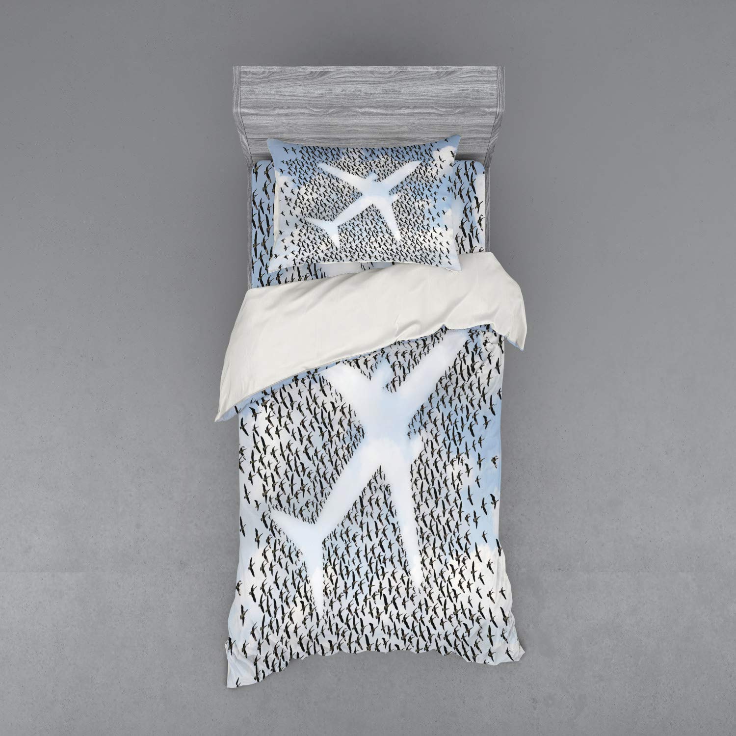 Ambesonne Travel Duvet Cover Set - Airplane & Birds Adventure Design, 3-Piece Twin Bedding Set with Sham & Fitted Sheet in Pale Blue, Black & White | Perfect for Travel Enthusiasts & Vacation-Themed Bedrooms