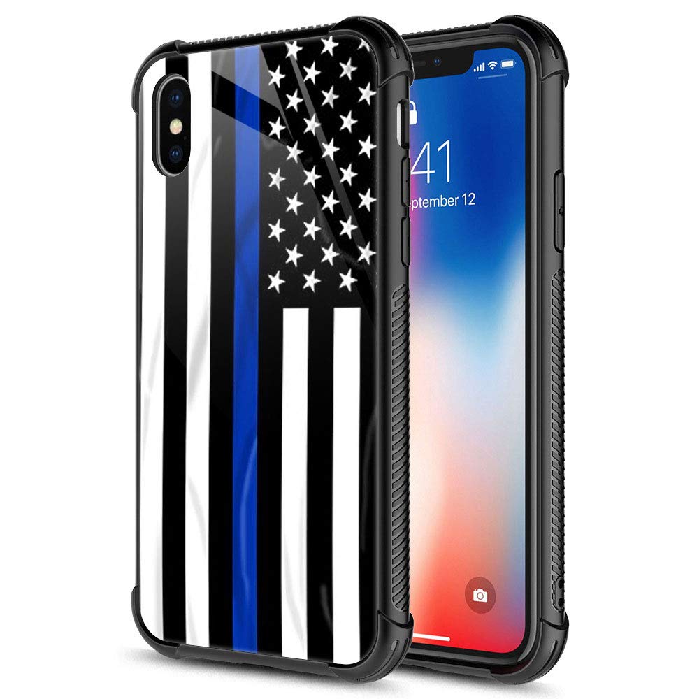 American Flag iPhone Xs Max Case - Blue Line Design with Tempered Glass Back & Soft Silicone TPU Shock Protection | Durable Cover for Everyday Use, Travel & Outdoor Activities