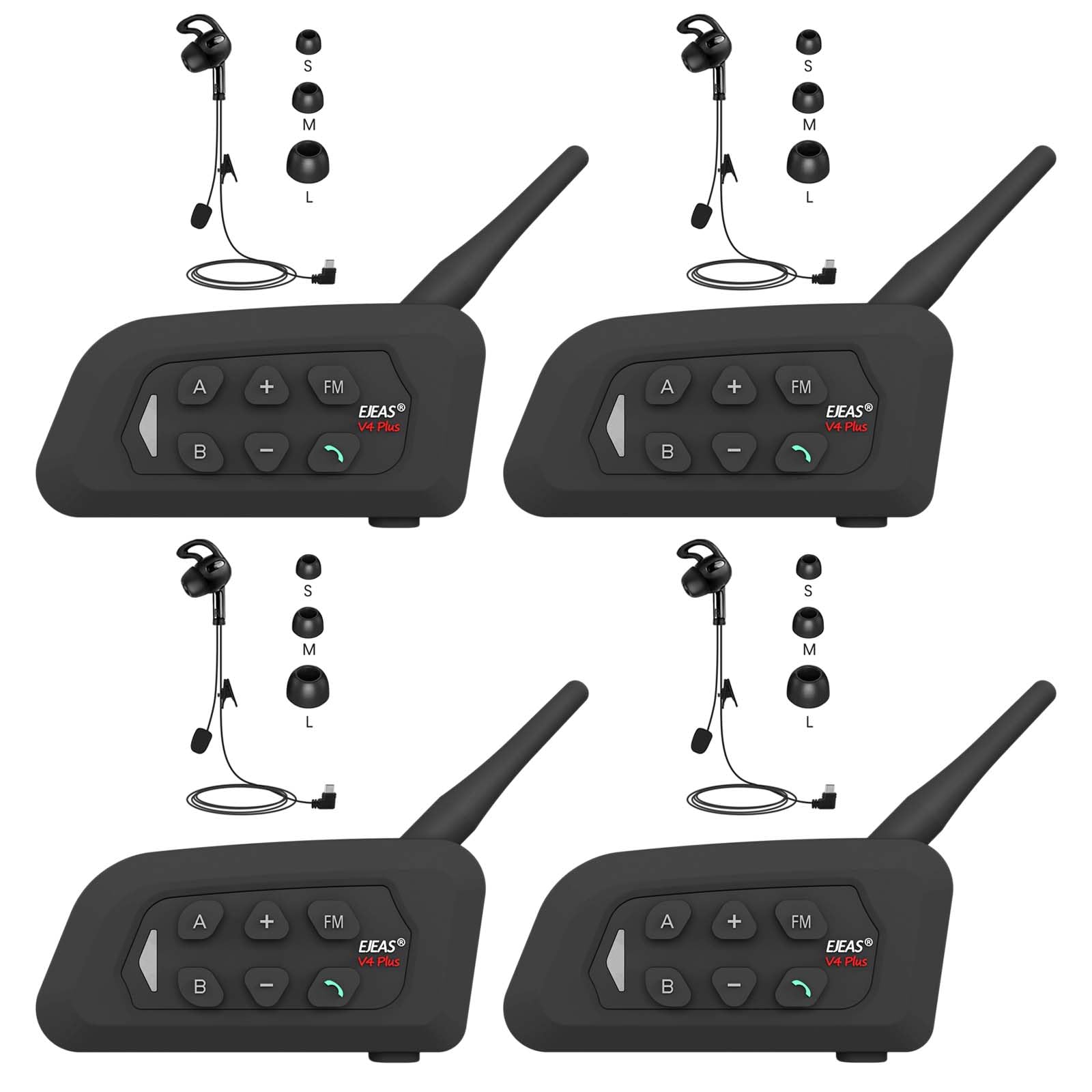V4C Plus Referee Communication System - 4 Pack USB-C Wireless Headsets for Volleyball, Football, Soccer & Handball Officials - Coach & Crew Noise-Canceling Earpieces for Clear Game Communication