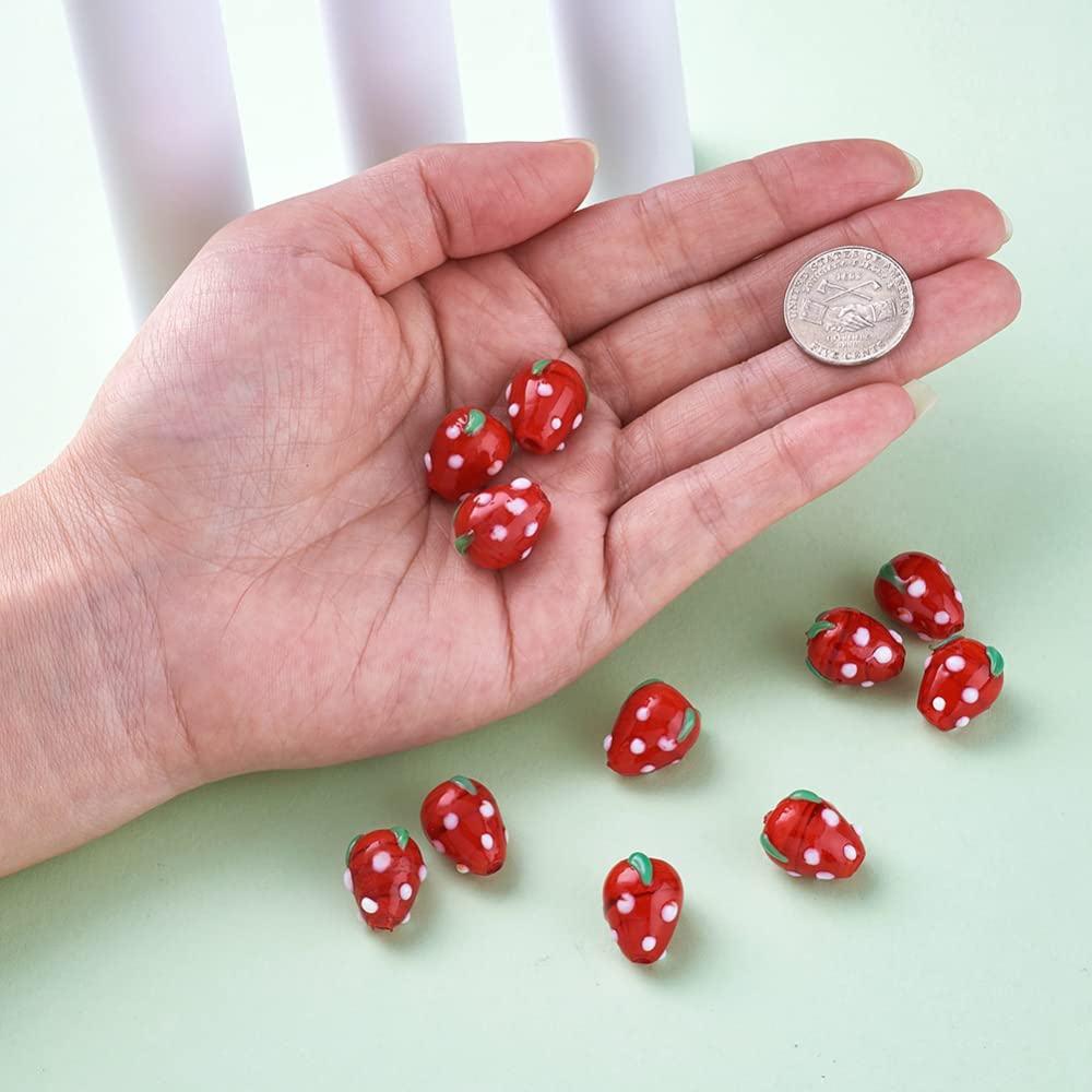 Cheriswelry 12pcs Red Strawberry Handmade Lampwork Glass Beads - 3D Cute Fruit Spacer Beads 16x11mm Center Drilled for DIY Jewelry Making, Earrings, Bracelets, Necklaces, Craft Supplies - Perfect for Summer Accessories & Gift Ideas