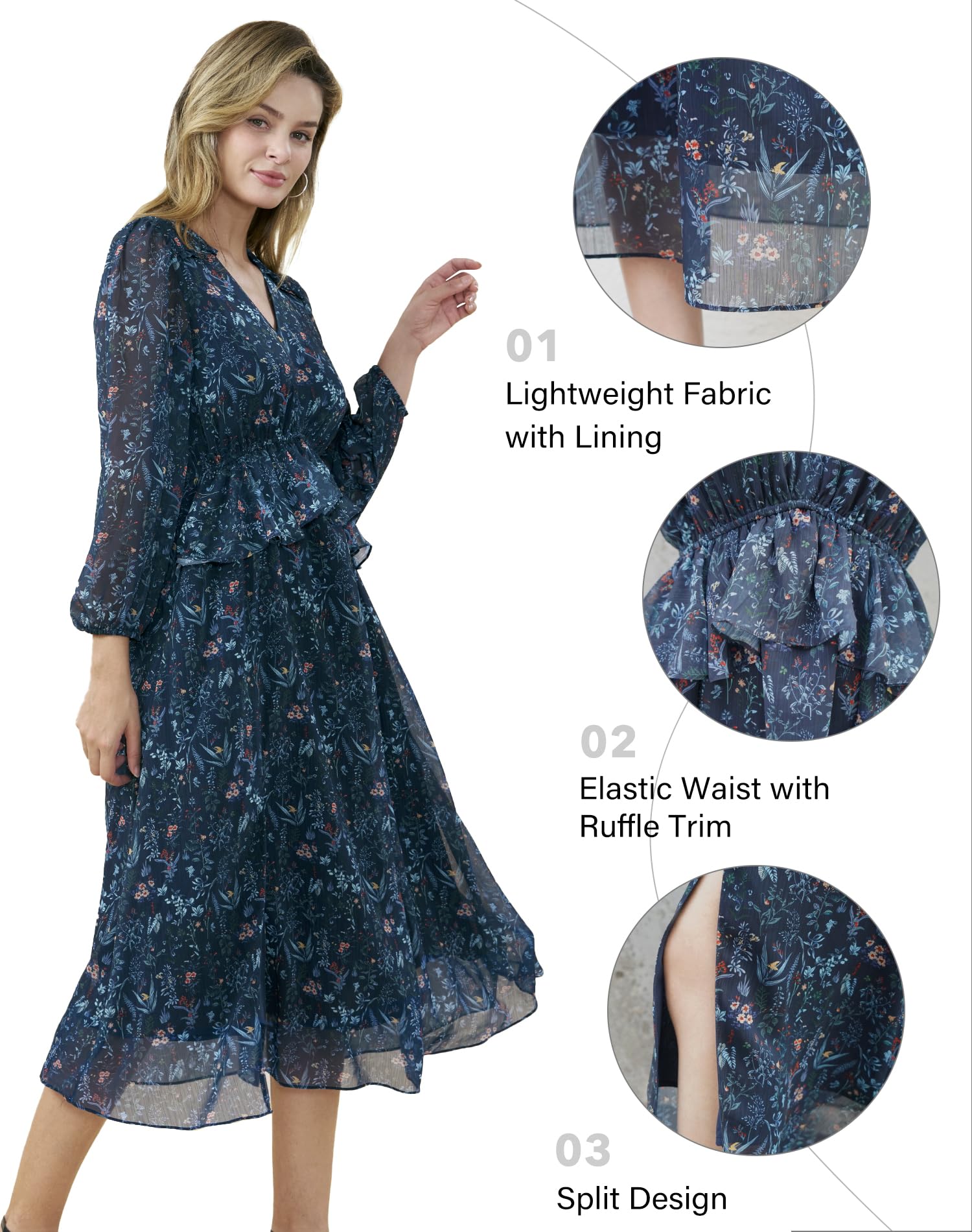 Floral Split Midi Dress for Women - Elegant Long Sleeve Chiffon Dress with Ruffle Details & Pockets | Perfect for Spring Weddings, Bridal Showers, Garden Parties & Special Occasions