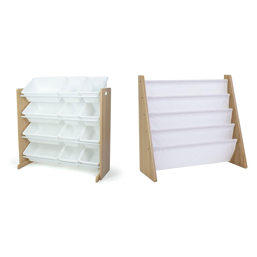 Humble Crew Natural Wood & White 4-Tier Kids Toy Organizer with 12 Storage Bins - Universal Bookshelf with Deep Sleeves for Nursery, Playroom & Bedroom Organization