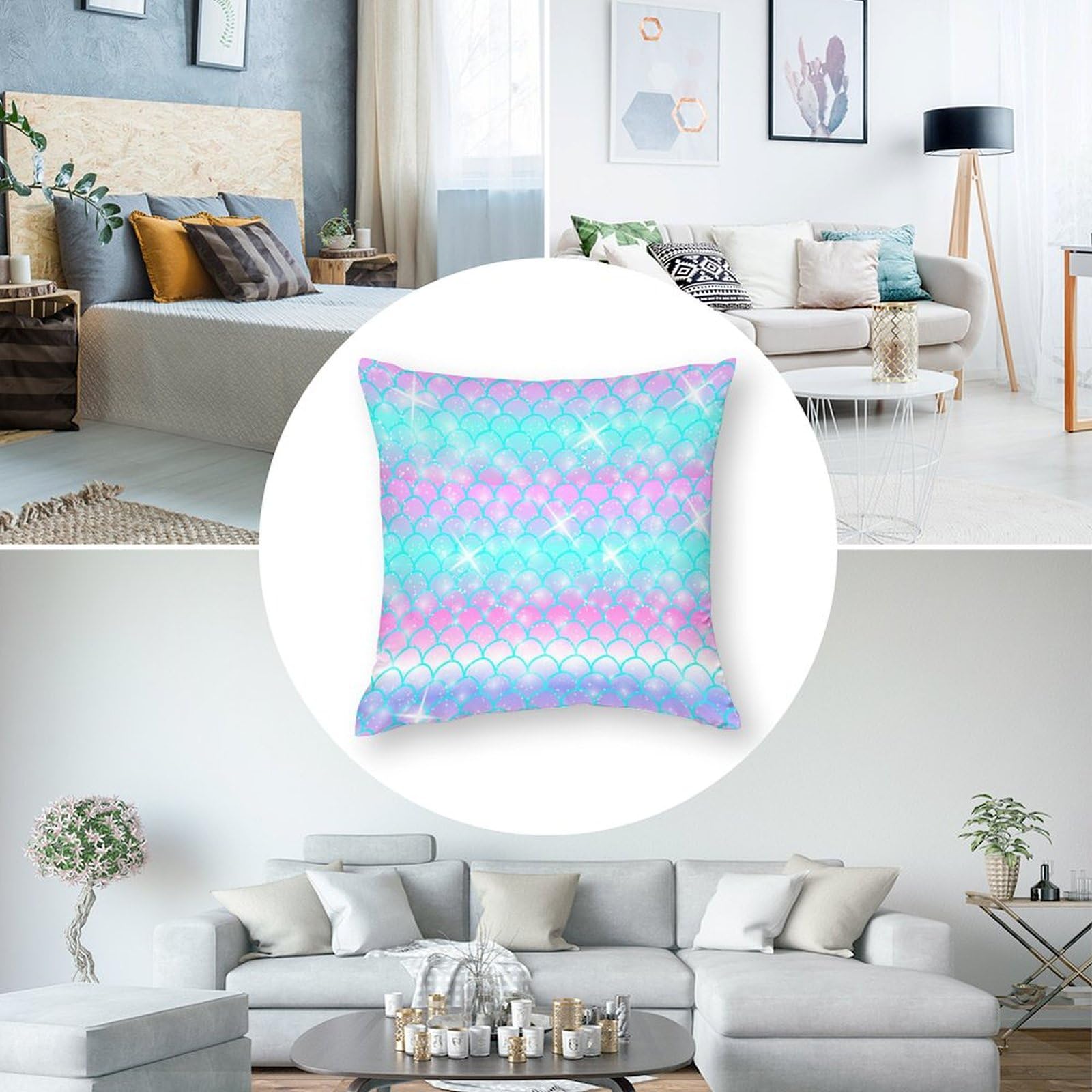 Cute Mermaid Pattern Polyester Pillow Cover - Soft & Smooth 14x14 Inch Square Cushion Case for Sofa, Bed, Dorm Decor - Kawaii Home Accessories