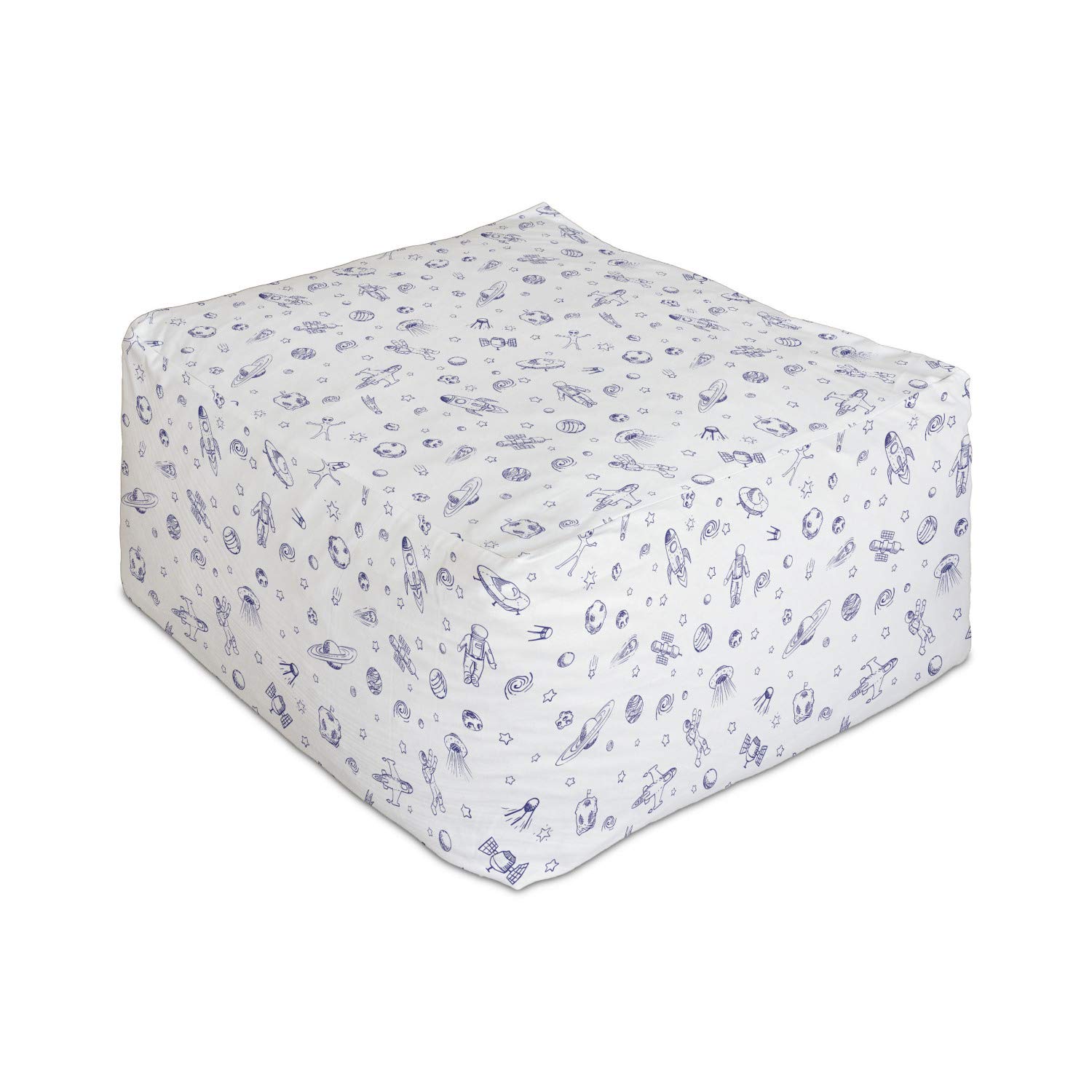 Ambesonne Spaceship Rectangle Pouf Ottoman - Hand Drawn Galactic Doodle Monochrome Design with Planets, 25 Inch Royal Blue & White Foot Stool for Living Room, Office or Bedroom - Perfect as Under Desk Foot Rest, Lounge Seating or Decorative Accent