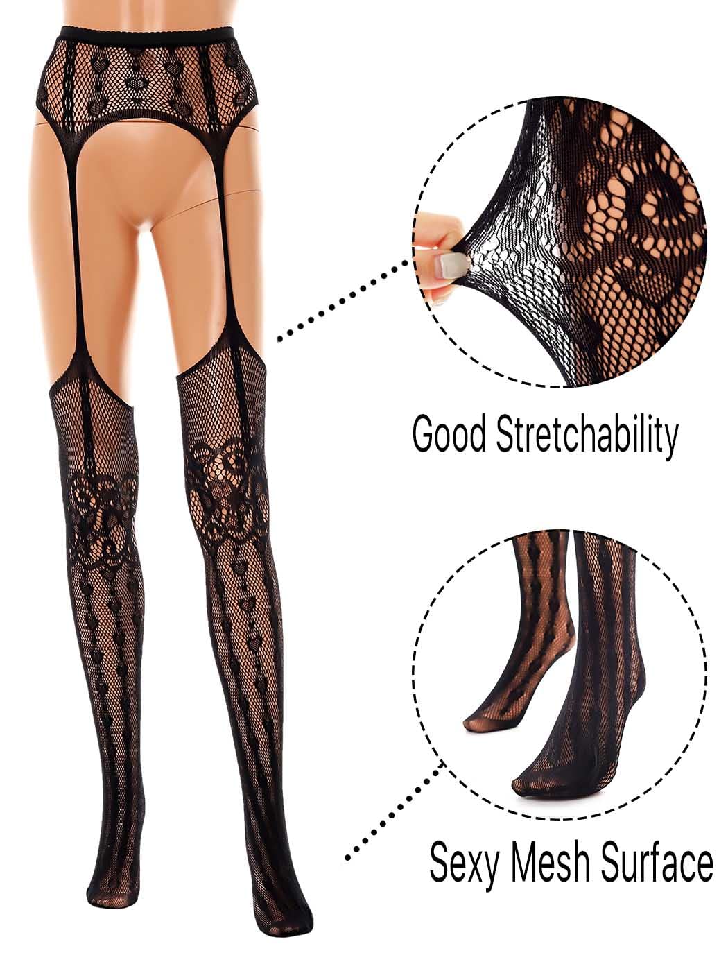 Barode Women's Fishnet Stockings - Sexy Sheer Thigh High Stockings with Suspender, Patterned Tights for Halloween, Cosplay & Lingerie (Black, One Size)