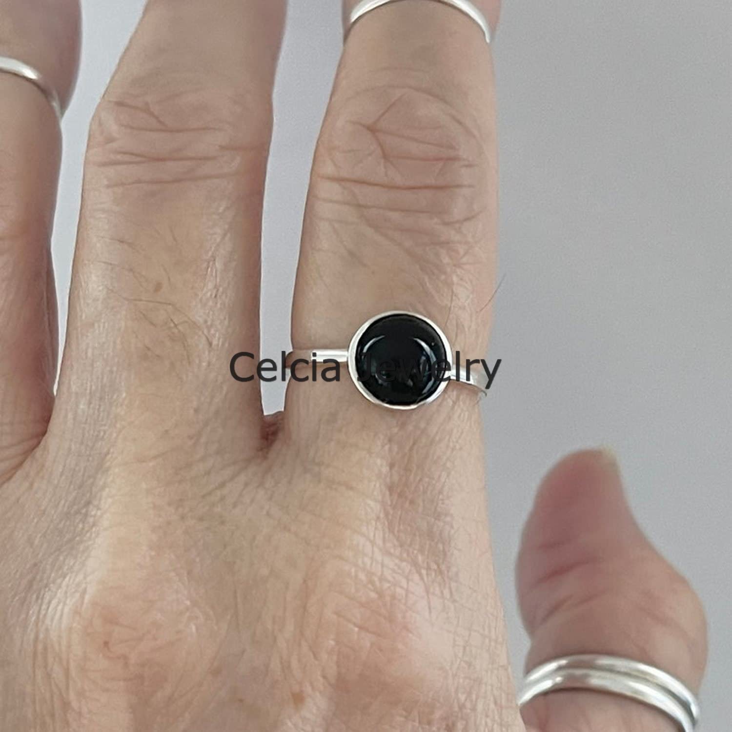 Natural Black Onyx Gemstone Round Ring - Solitaire Minimalist Ring for Women, Wedding & Engagement Gift, Mother's Day Jewelry (Size 7) - Perfect for Bridal Shower, Anniversary & Everyday Elegant Wear