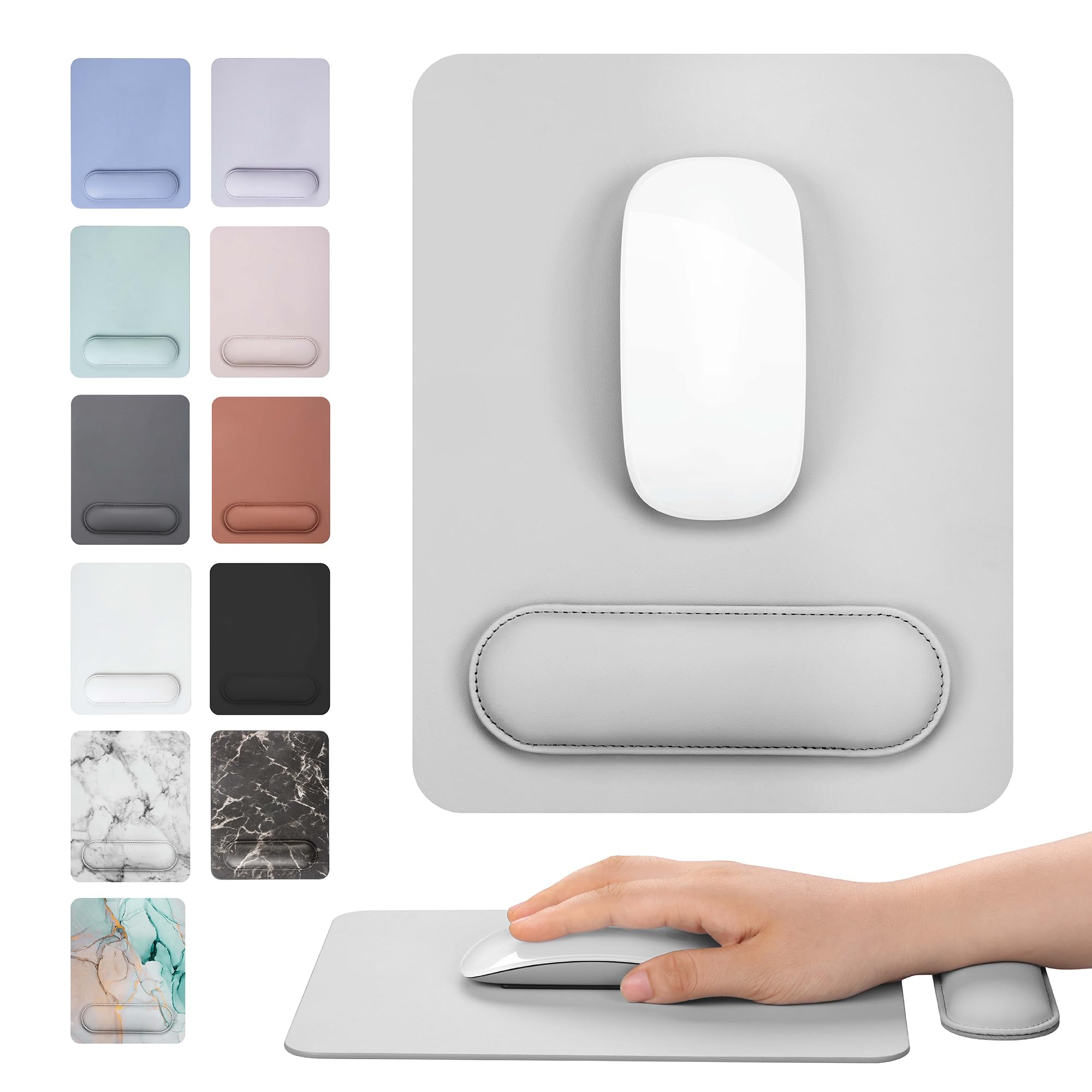 Vegan Leather Silver Gray Mouse Pad with Removable Magnetic Wrist Support & Anti-Slip Base - Ergonomic Desk Accessory for Office & Gaming - Perfect for Men & Women Working Long Hours at Computer