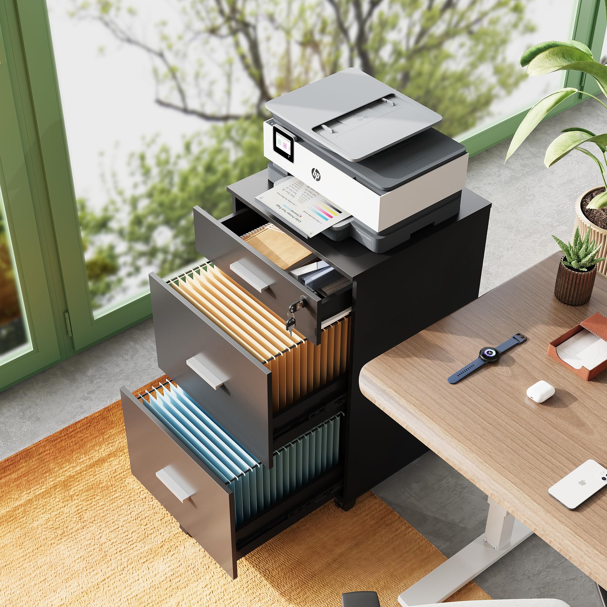 DEVAISE 3-Drawer Rolling File Cabinet with Lock - Wooden Letter/A4 Size Home Office Storage - Black - Perfect for Organizing Documents in Small Spaces & Offices
