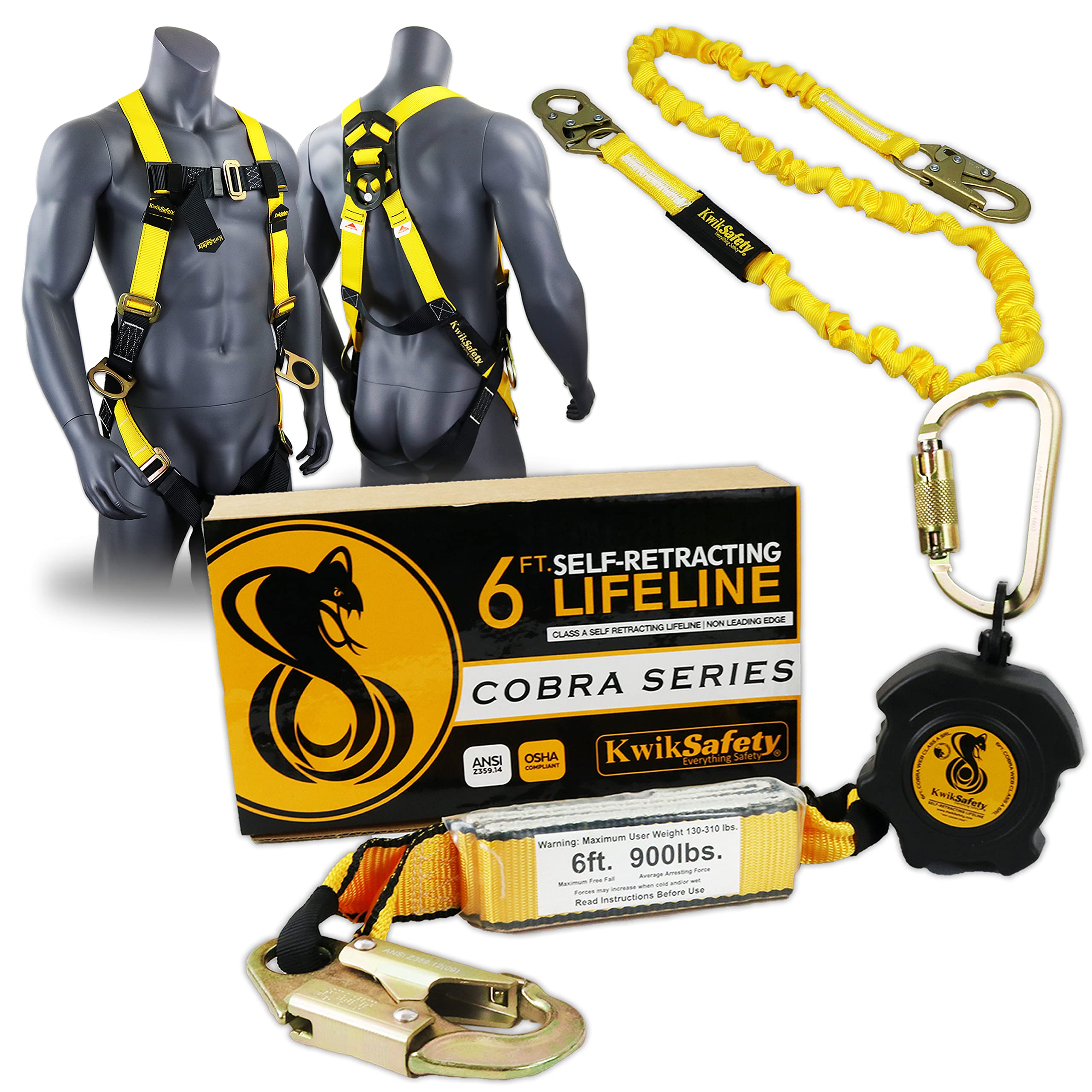 KwikSafety Cobra Web 6FT Fall Protection Kit - ANSI/OSHA Compliant Retractable Lifeline, 3 D-Ring Safety Harness & 6FT Lanyard for Construction, Roofing & Industrial Work | Self-Retracting SRL Fall Arrest System PPE Gear