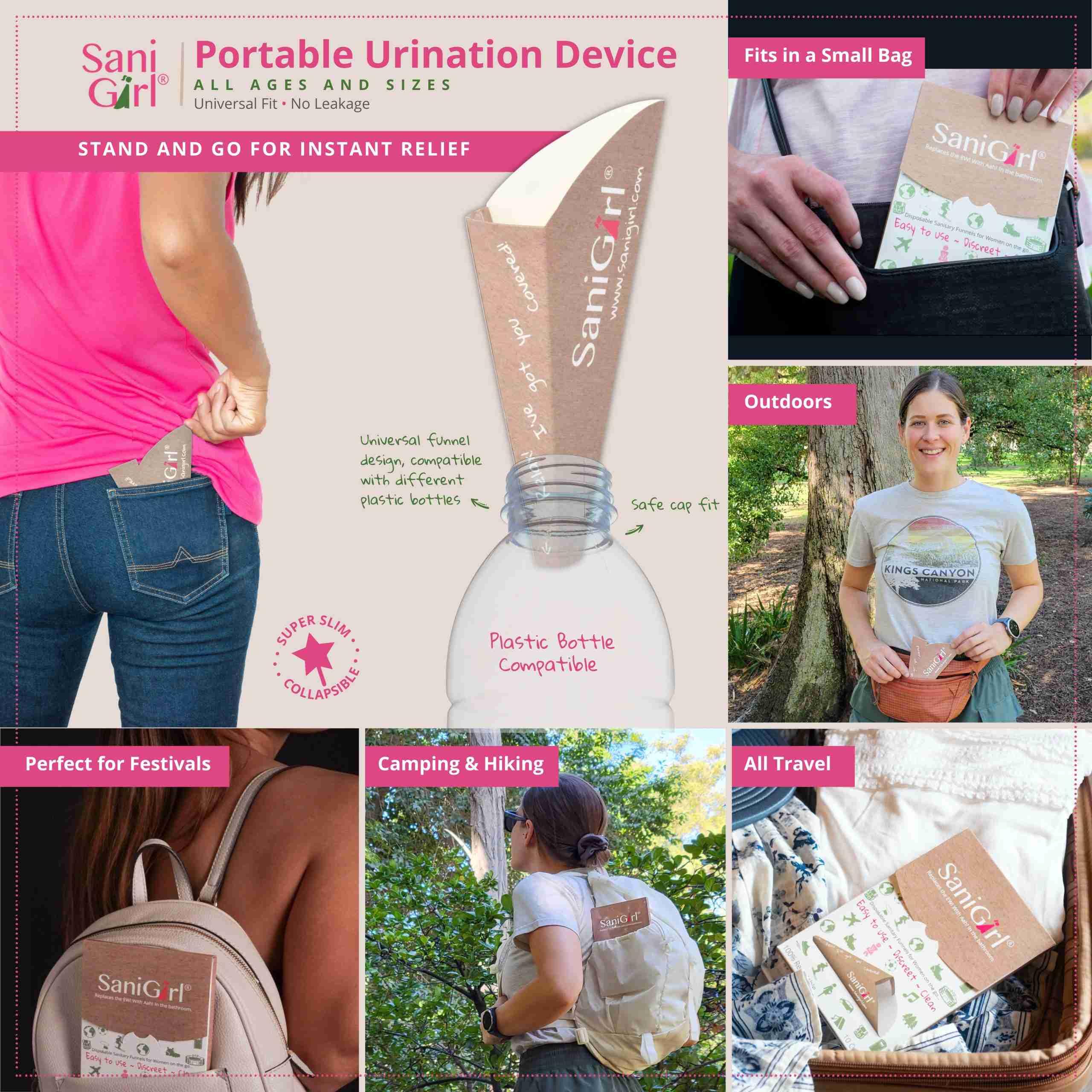 SaniGirl Disposable Female Urinal Funnel for Women - Pack of 10 | Portable Pee Funnel for Travel, Camping & Hiking | Hygienic Solution for Standing Urination | Perfect for Outdoor Adventures, Road Trips & Public Restrooms