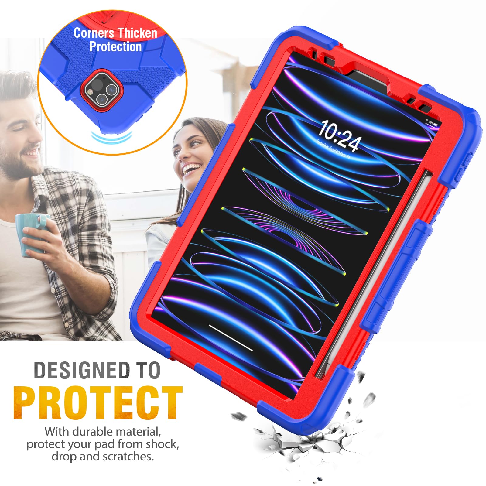 HXCASEAC iPad Pro 11 Inch Case (4th/3rd/2nd/1st Gen) - Shockproof Kids Protective Cover with C-Hook Hand Strap, Built-in Screen Protector & Apple Pencil Holder, Compatible with iPad Pro 11 2022/2021/2020/2018 (Blue) - Perfect for School, Travel and Outdoor Activities