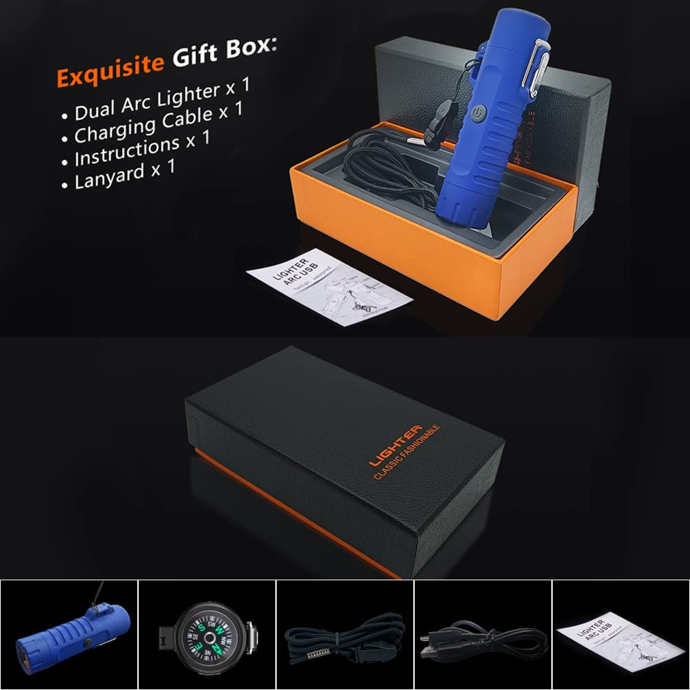 Plasma Windproof Arc Lighter - USB Rechargeable Electric Lighter with Dual Arc, Waterproof & Flameless Design - Perfect for Camping, Hiking, Hunting & Outdoor Survival (3-in-1, Blue) | Great for Lighting Candles, Cigars & Fireplaces in Any Weather Conditions