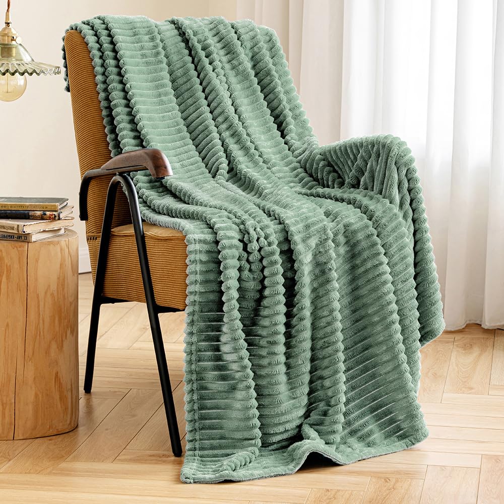 MIULEE 300GSM Super Soft Fleece Throw Blanket - Sage Green Striped 3D Ribbed Jacquard Blanket for Couch, Bed & Sofa | Plush Warm Cozy Blanket (50