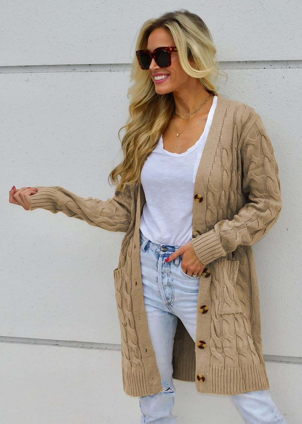 PRETTYGARDEN Women's Chunky Cable Knit Long Sleeve Cardigan - Open Front Button Sweater with Pockets for Fall Winter 2025 | Cozy Layering for Office, Date Night & Casual Outfits