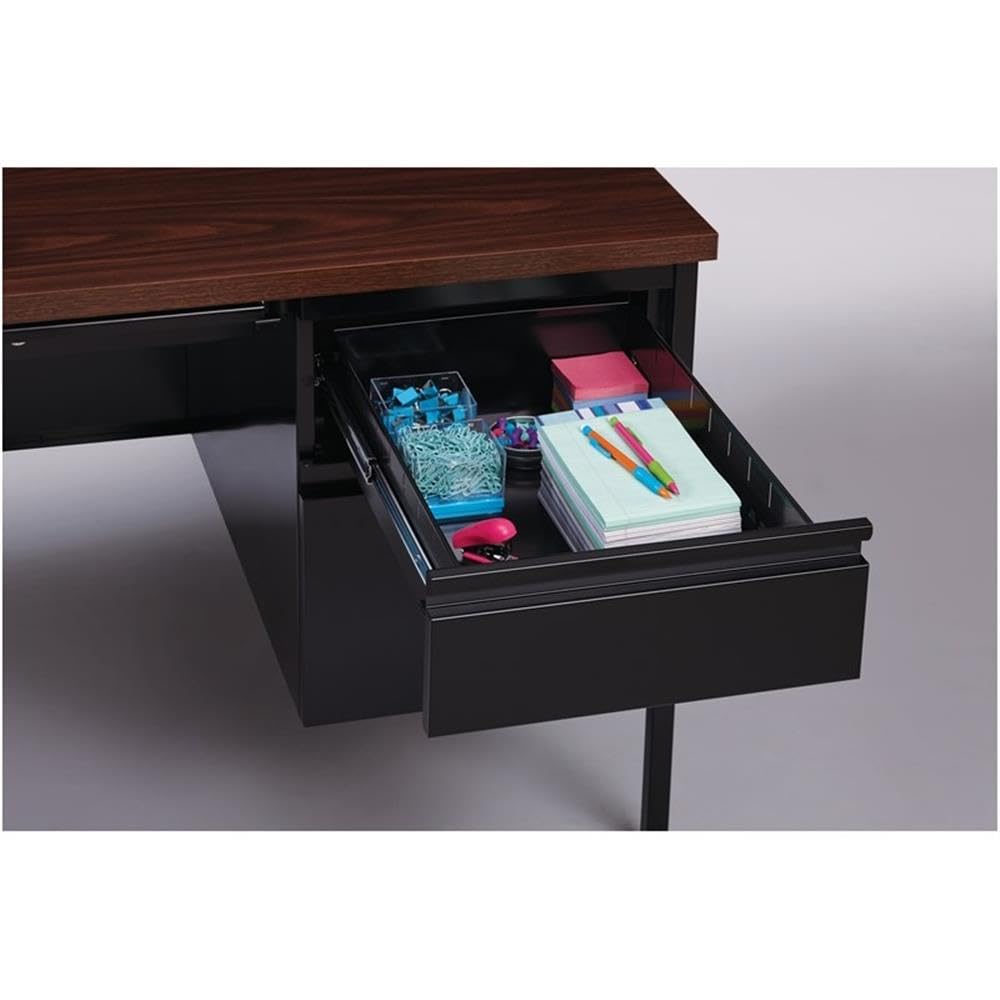 Pemberly Row Double Pedestal Metal Office Desk with Center Drawer - Black/Walnut Finish - Modern Home Office & Workspace Desk for Professionals & Students