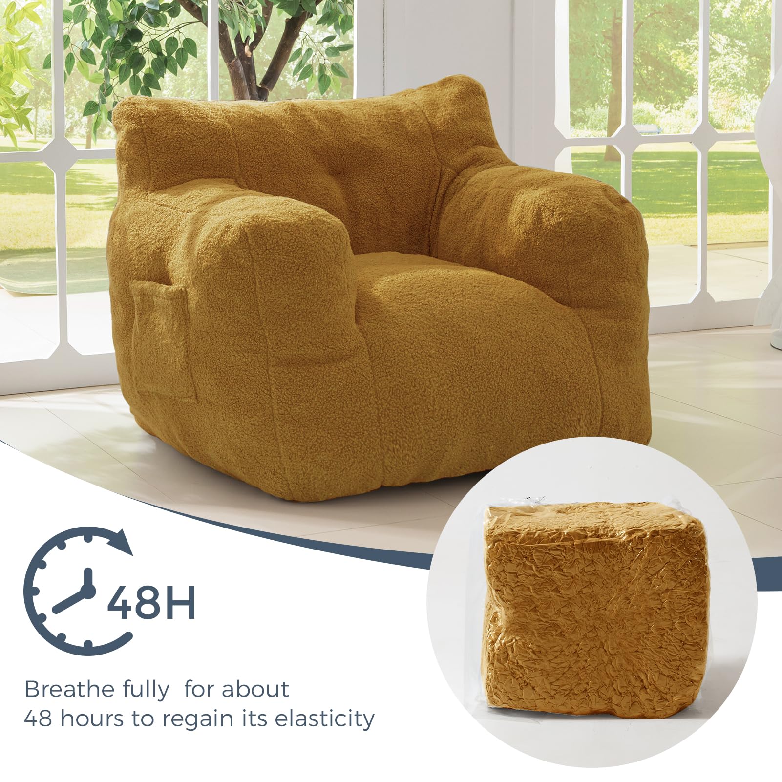 MAXYOYO Sherpa Bean Bag Chair - Soft Boucle Tufted Bean Bag Couch for Living Room, Bedroom & Game Room - Comfortable Lazy Sofa for Adults & Kids - Cozy Yellow Lounge Chair for Relaxing, Reading & Gaming