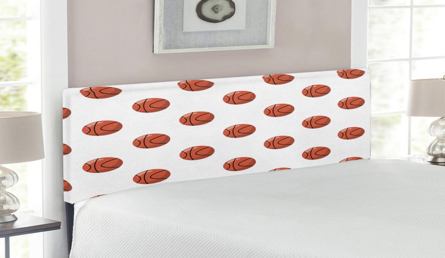 Ambesonne Basketball Themed Upholstered Headboard - Queen Size with Memory Foam, Cartoon Basketball Competition Design in Cinnamon Black White - Perfect for Sports Fans Bedroom Decor and Game Room Theme