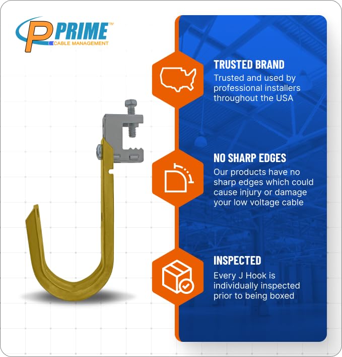 2 Inch Heavy Duty Metal Cable & Wire Support J-Hook Hangers with Beam Clamp - 25 Pack for Secure Cable Management in Commercial & Industrial Settings