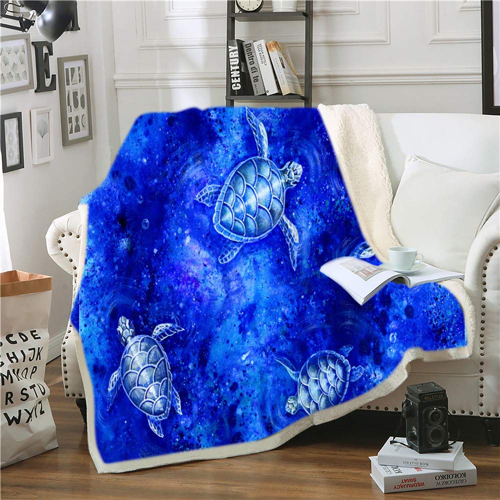Ocean Sherpa Blanket - 3D Sea Turtle Fleece Throw Blanket for Kids, Boys & Adults | Ultra Soft Plush Blanket with Marine Life Design | Royal Blue Underwater Animal Blanket for Sofa, Bed & Couch (53x60 Inches) | Perfect for Cozy Nights, Beach Themed Decor & Gift Giving