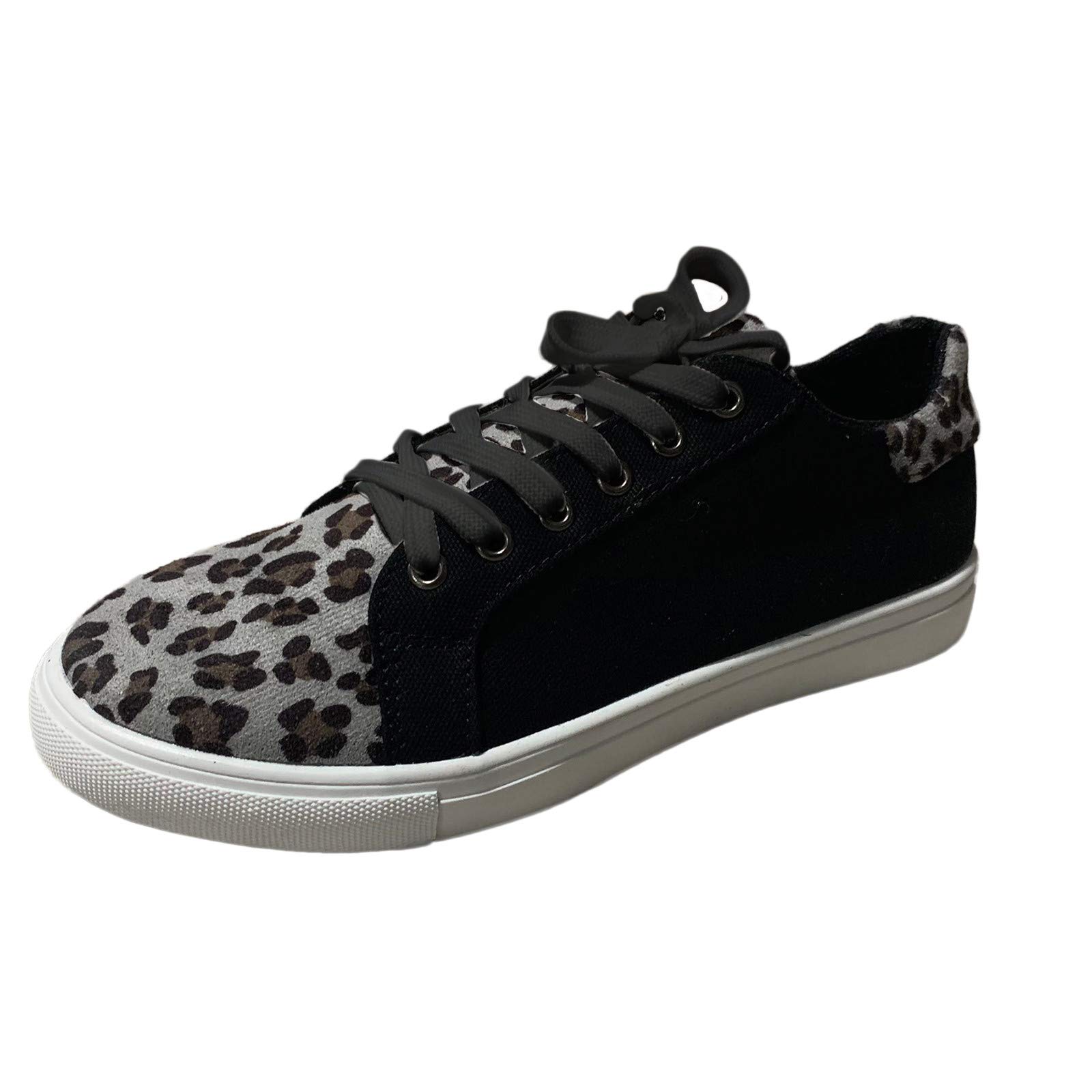 Women's Leopard Print Round Toe Flat Shoes - Breathable Cloth Casual & Dressy Lace-Up Sneakers for Women - Comfortable Walking Shoes for Work, Travel, and Daily Wear (Black, Size 11)