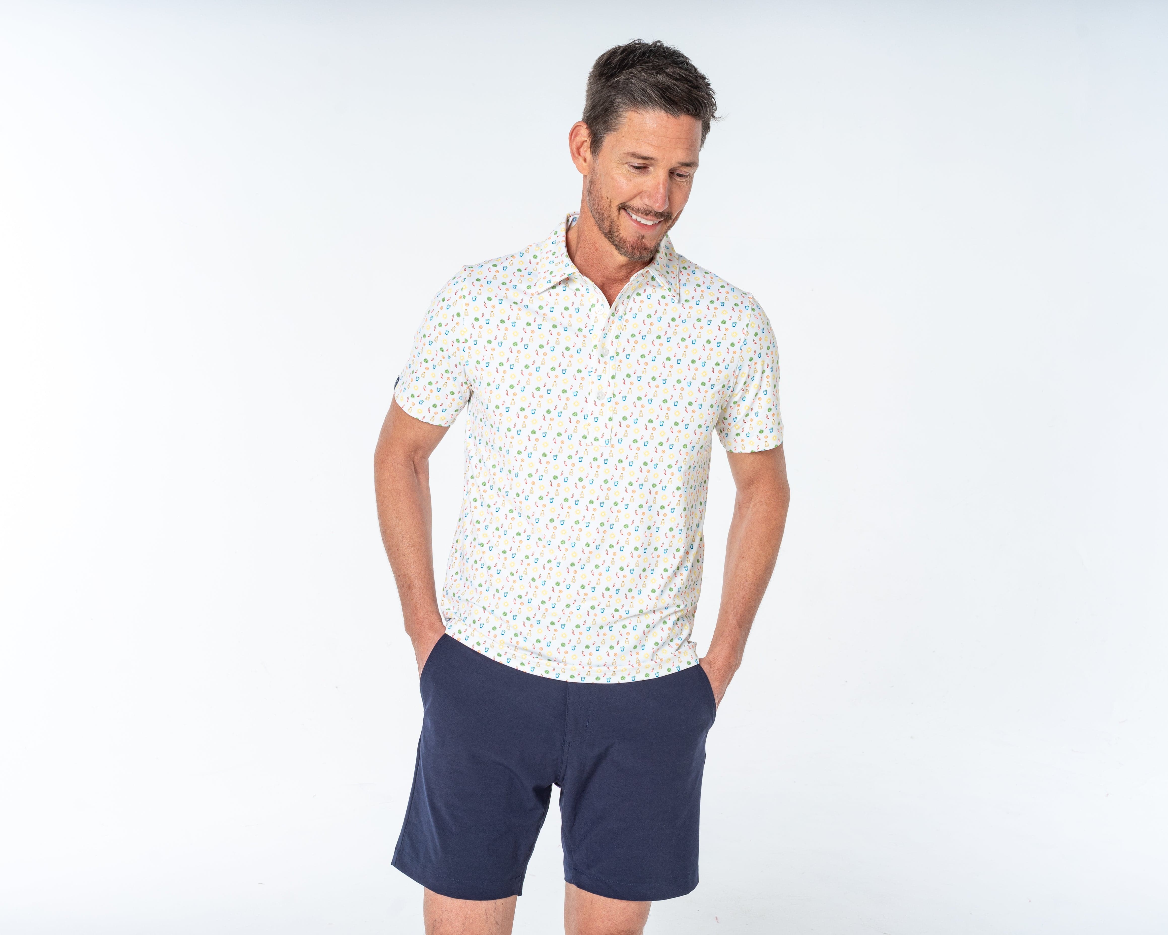 Performance Sport Range Polo Shirt - Spicy Margarita Print in White for Men & Women | Activewear for Golf, Tennis & Casual Wear