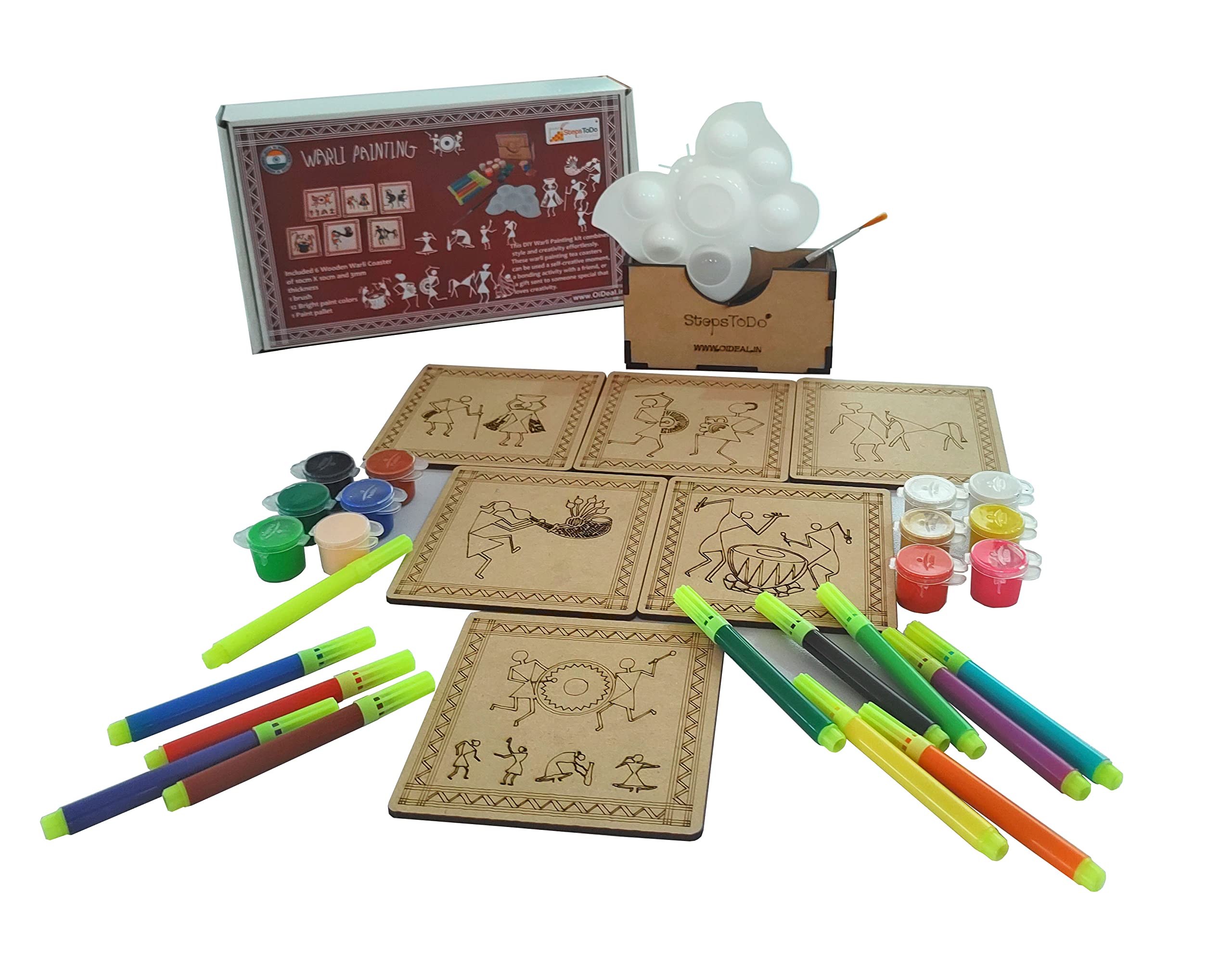 StepsToDo Wooden Warli Paint Kit (Set A) - 6-Piece Tea Coaster Set with 4-Inch Wooden Bases, Wooden Case, Sketch Pens, Colors & Painting Brush | Traditional Indian Warli Art DIY Craft Kit for Home Decor, Gift Giving & Cultural Art Projects