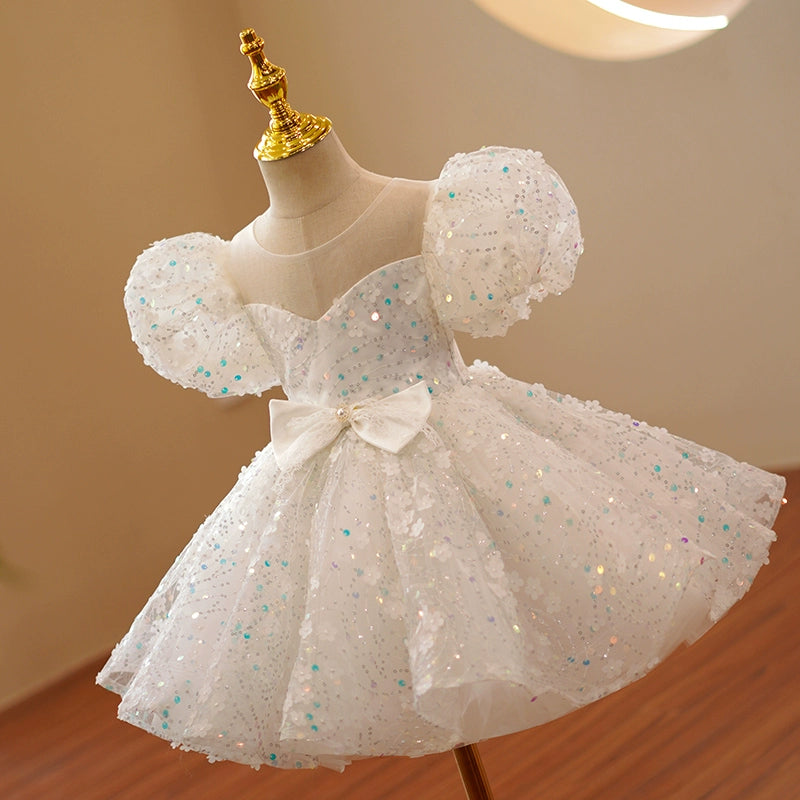 Princess Sweetheart Tea Length Organza Flower Girl Dress in White - Perfect for Weddings, Bridal Showers & Special Occasions