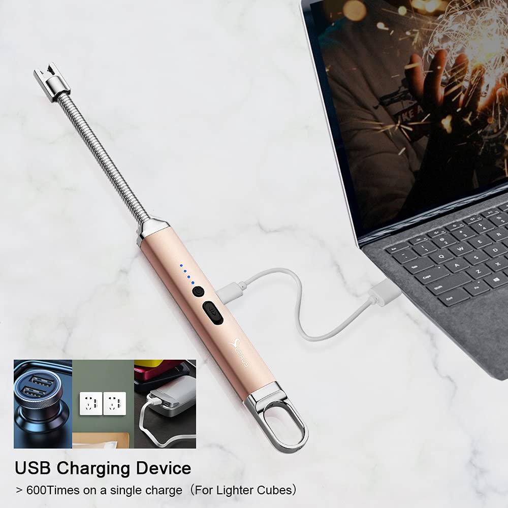 SUPRUS Rechargeable USB Arc Lighter with Safety Switch - 360° Flexible Neck, Flameless Electric Lighter for Candles, Camping, Cooking & Outdoor Use (Black + Champagne Gold) - Perfect for Home, Travel, and Emergency Kits