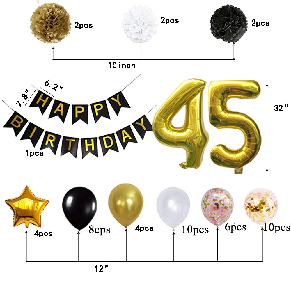 45th Birthday Decorations Set - Happy Birthday Banner, Pom Pom Flowers, Gold Mylar & Latex Balloons, Number 45 Foil Balloons - Perfect for Anniversary Parties, Milestone Celebrations & Festive Home Decor