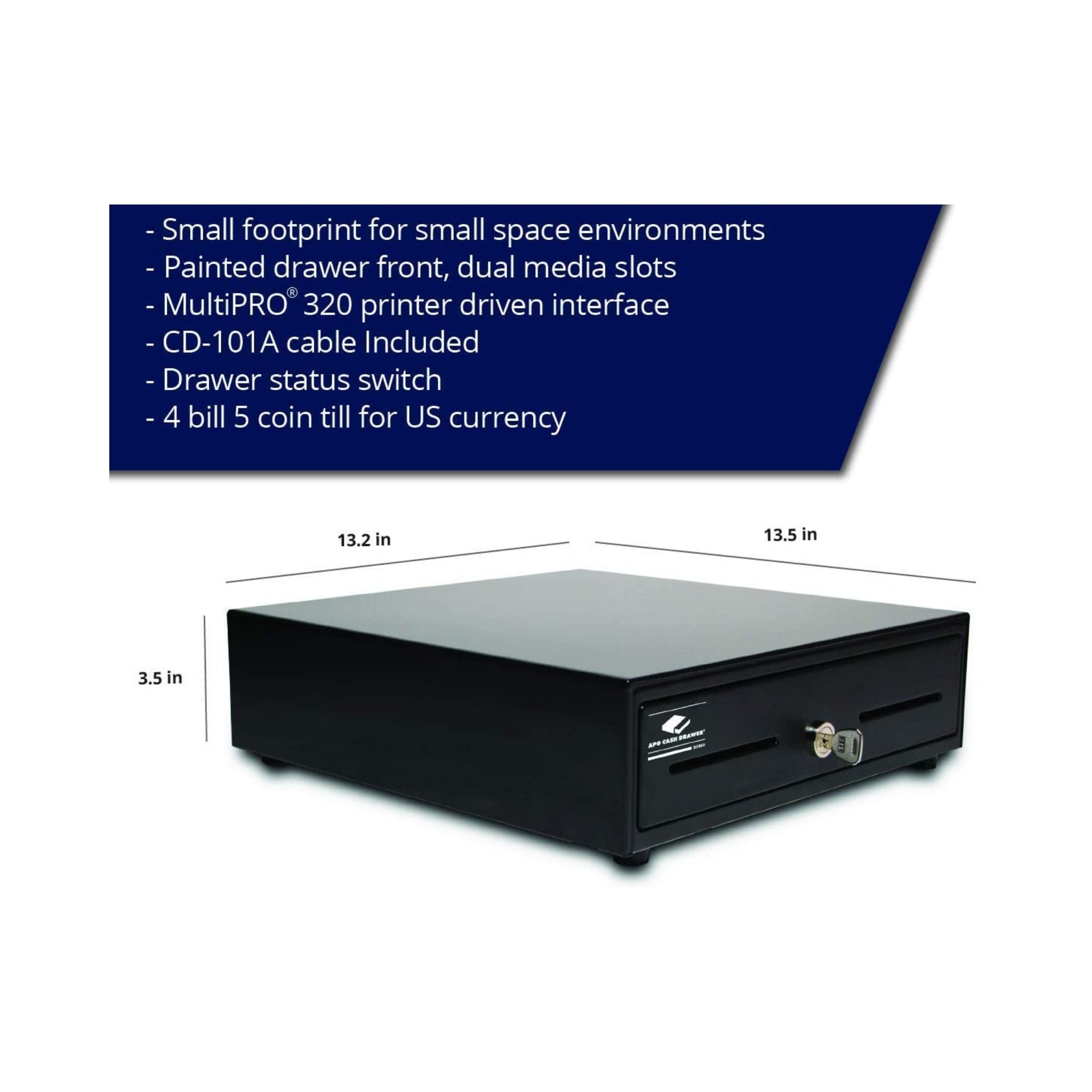 APG Arlo 13 US Currency Cash Drawer with MultiPRO Interface Cable - Secure Money Tray for Retail Stores, Restaurants & POS Systems
