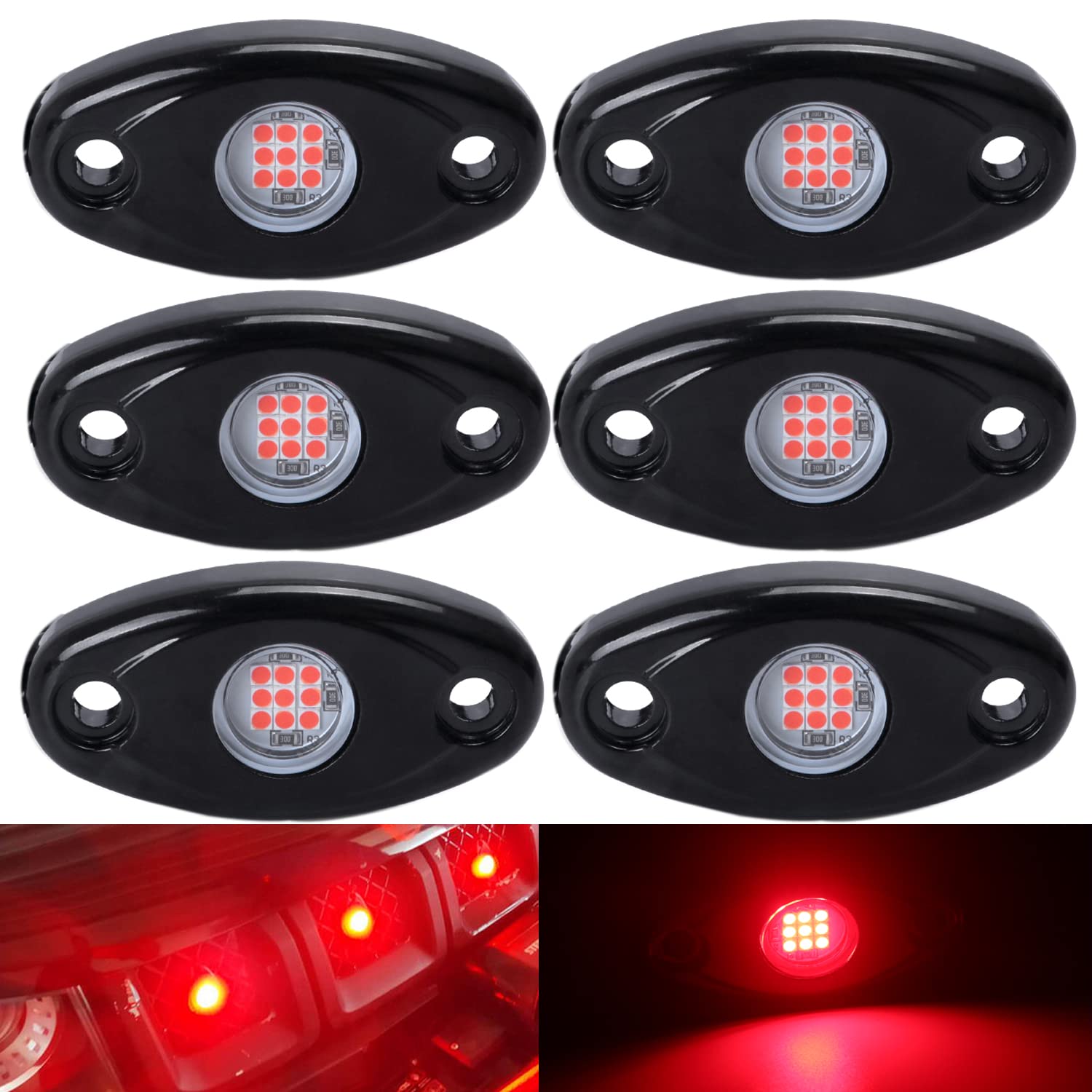 6 Pods LED Rock Lights Red - Waterproof Underglow LED Neon Kit for Car, Truck, ATV, SUV & Boat - Underbody Glow Accent Lighting for Off-Roading, Night Driving & Vehicle Customization