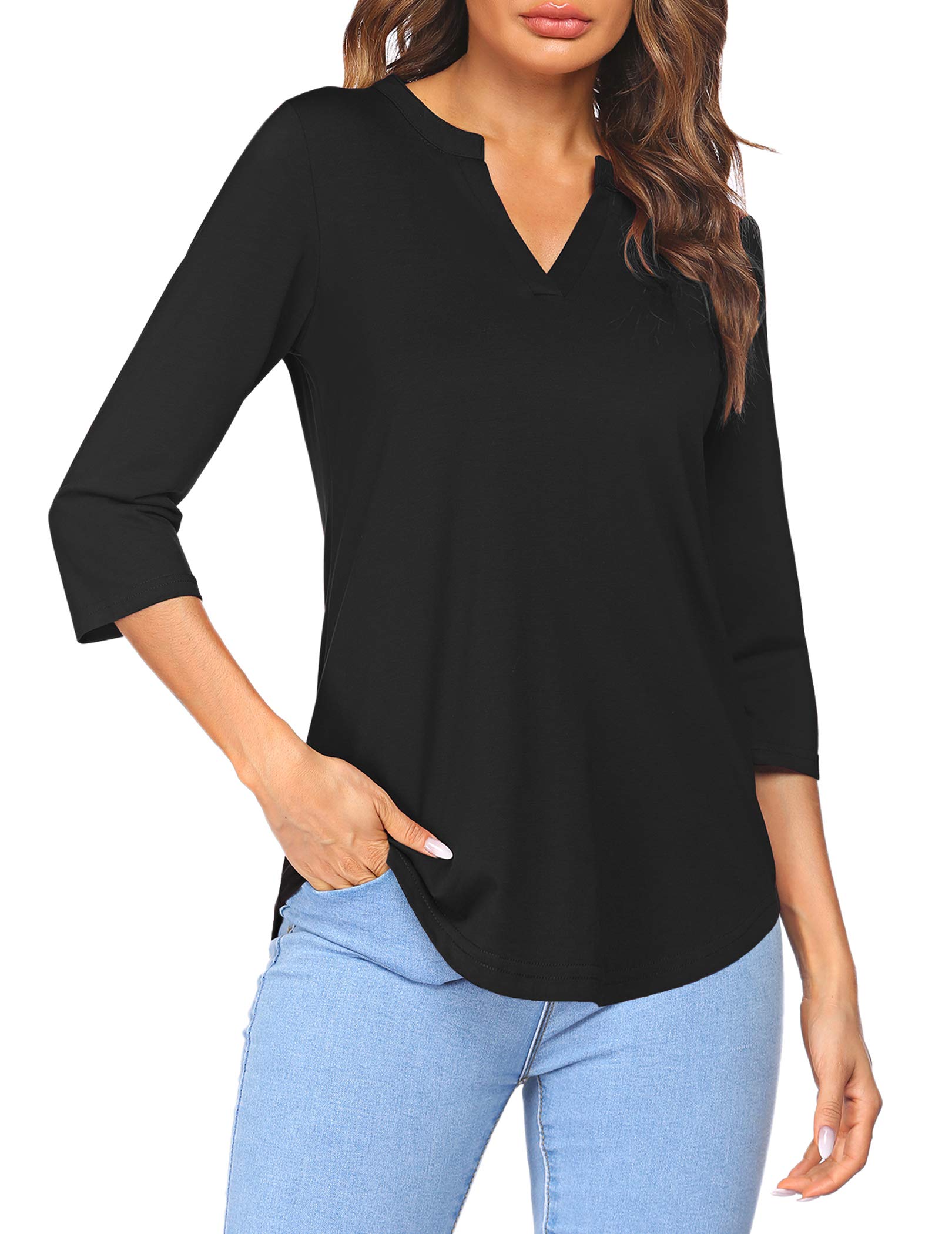 Sherosa Women's 3/4 Sleeve V-Neck Henley Blouse - Casual Work Tops for Office, Spring Outfits & Everyday Wear