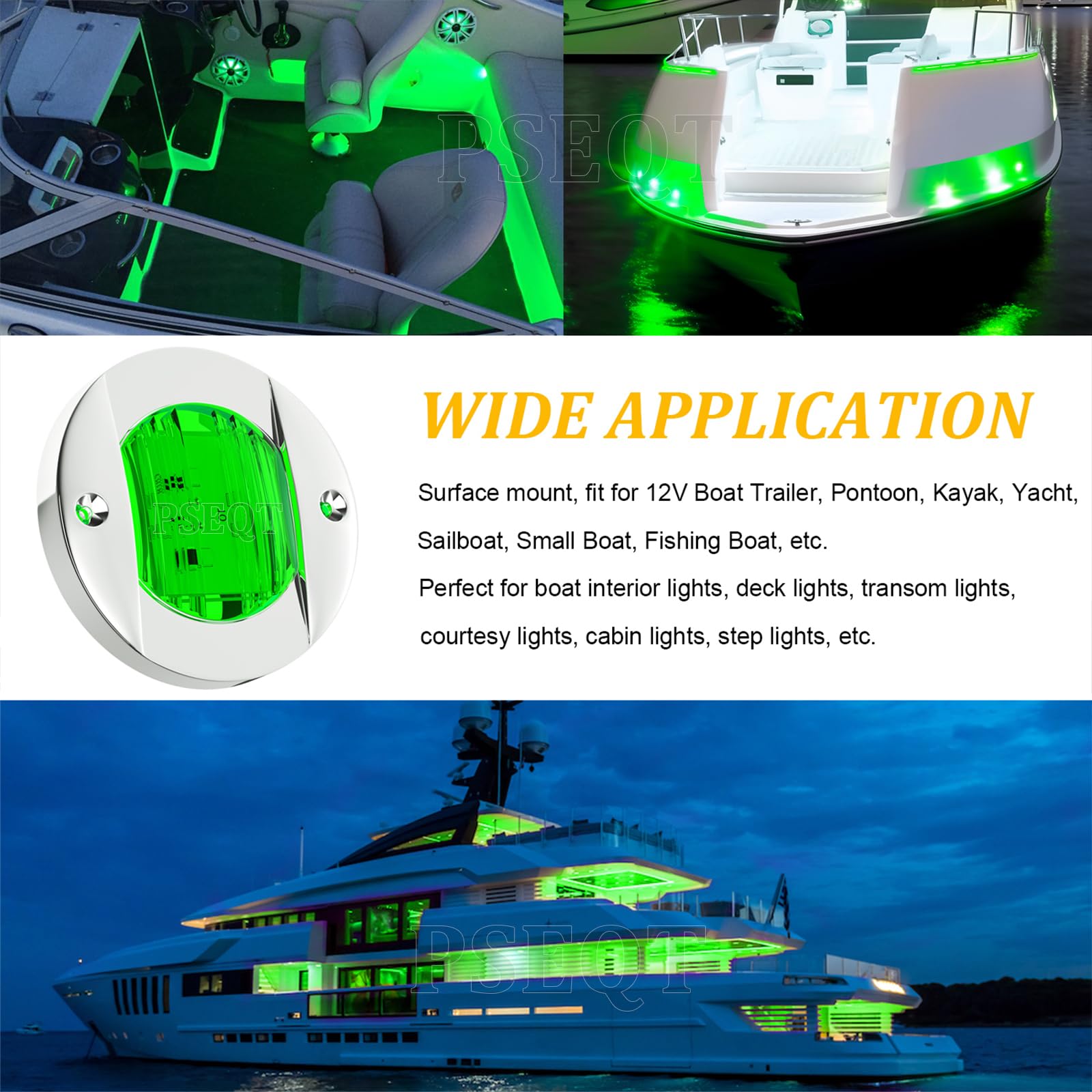 PSEQT 4Pcs 3 Inch Green LED Marine Boat Interior Lights - Waterproof 12V Round Deck Courtesy Light with 6 LEDs for Stern Transom Anchor - Perfect for Night Fishing, Pontoon Boats & Waterproof Surface Mount Lighting