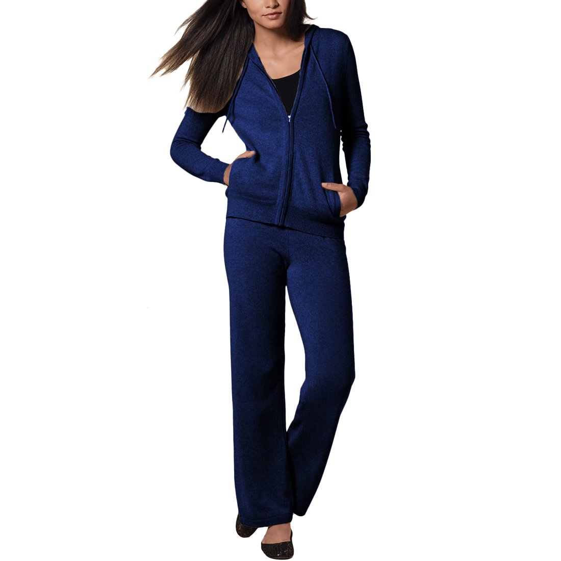 Parisbonbon Women's 100% Cashmere Tracksuit Sweatsuit - Navy Blue, Size M | Soft & Warm Lounge Wear for Home, Travel & Casual Outings