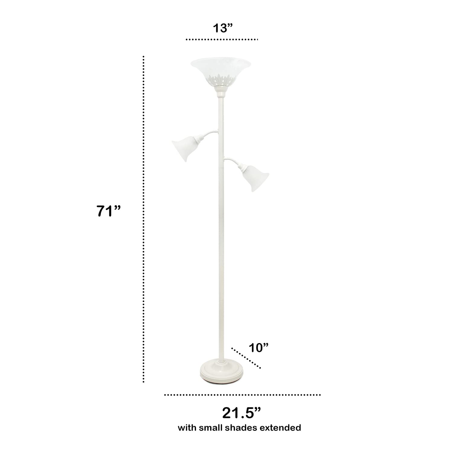 White Torchiere Floor Lamp with 2 Adjustable Reading Lights & Scalloped Glass Shades - Perfect for Living Room, Bedroom & Office Lighting