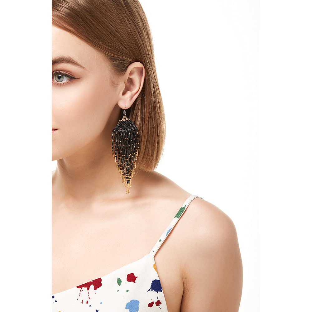 Long Beaded Tassel Earrings - Large Bohemian Statement Dangle Earrings for Women | Handmade Boho Beaded Jewelry | Perfect for Festivals, Parties & Everyday Wear