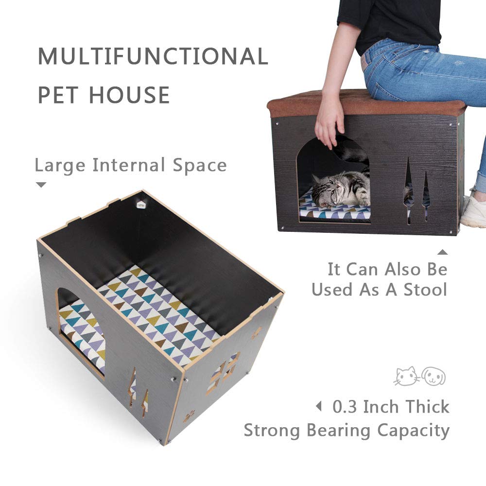 SONGWAY Wooden Cat House for Indoor Cats - Cozy Pet Cave with Cushioned Mat, Multi-Functional Cat Condo & Ottoman Stool - Perfect Cat Bed & Storage Cube for Small Dogs - Black (Ideal for Living Room, Bedroom & Home Office)