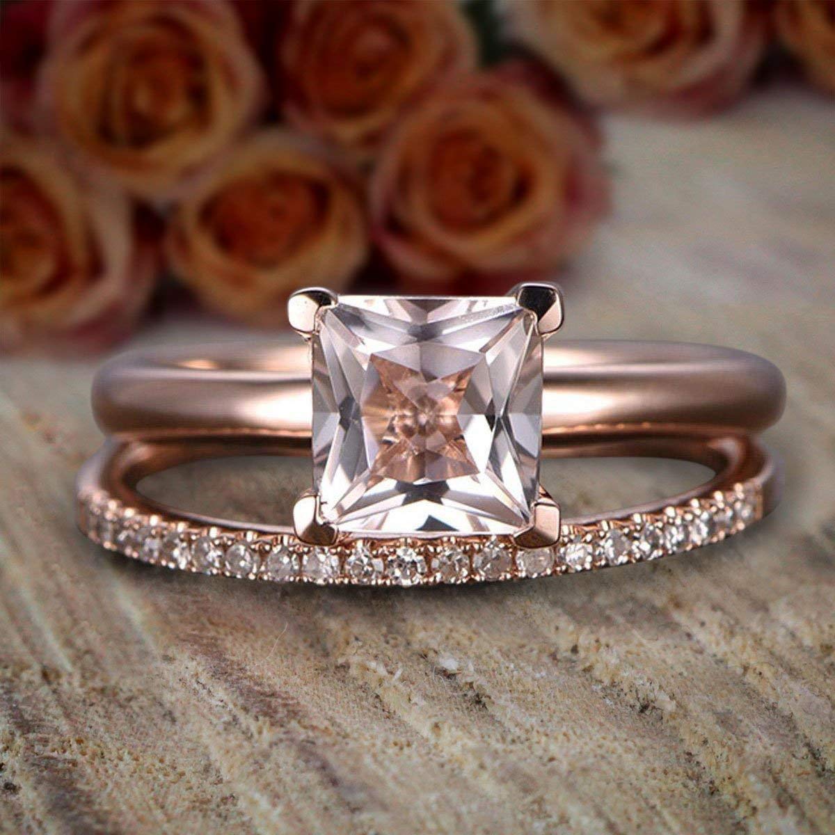 1.25 Carat Princess Cut Morganite & Diamond Bridal Ring Set in 18K Gold Plating - Perfect Wedding & Engagement Jewelry for Brides, Anniversary Gift for Her - Ideal for Proposals, Vows & Special Occasions