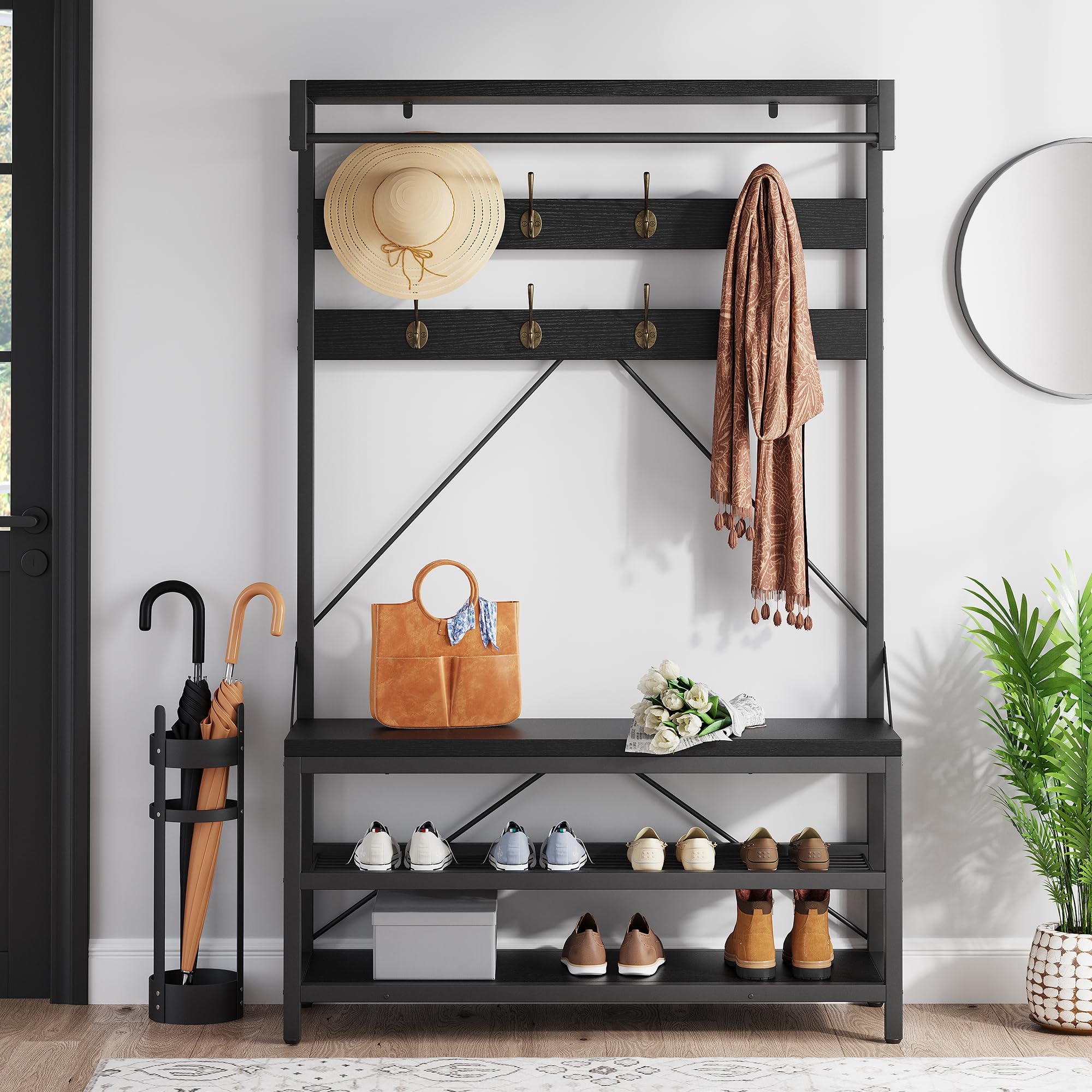 IDEALHOUSE Industrial Coat Rack Shoe Bench with Storage Shelf & 8 Hooks - 39.9