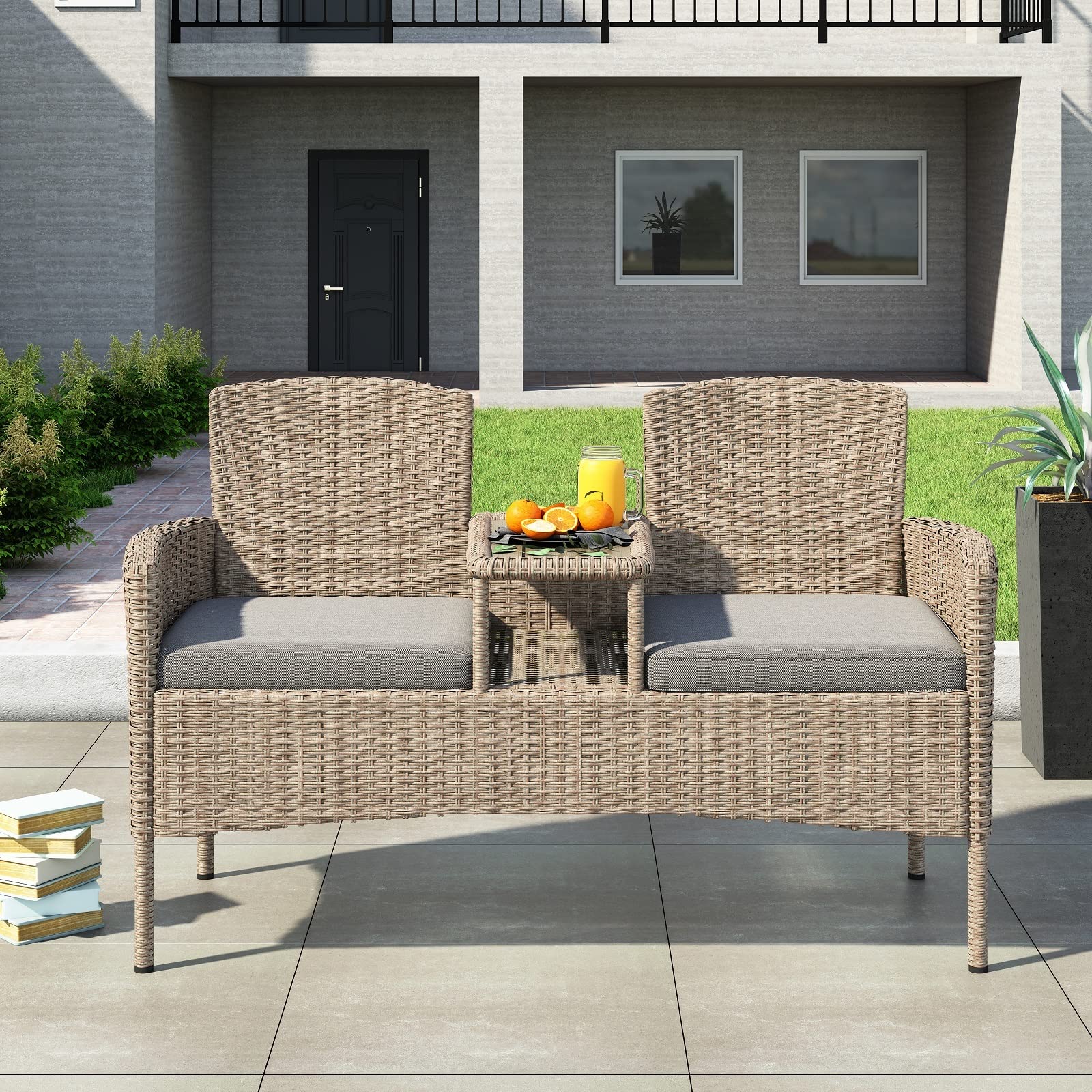 Lepus Outdoor Rattan Loveseat - Modern 2-Person Patio Bistro Set with Cushions, Built-in Wood Tabletop & Storage Space - Perfect for Backyard, Front Porch, Poolside Relaxation (Beige White) - Ideal for Outdoor Dining, Lounging and Entertaining Guests