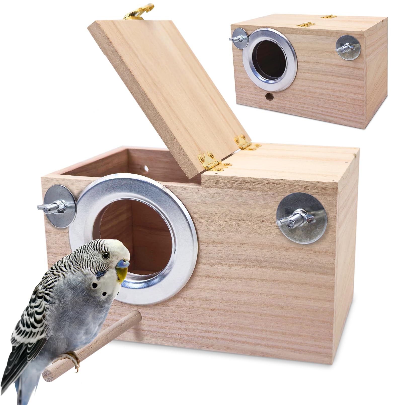 Premium Wooden Parakeet Nesting Box - Bird House for Cage, Mating & Breeding Box for Lovebirds, Cockatoo, Budgie, Finch, Canary - Small & Medium Birds (9.8