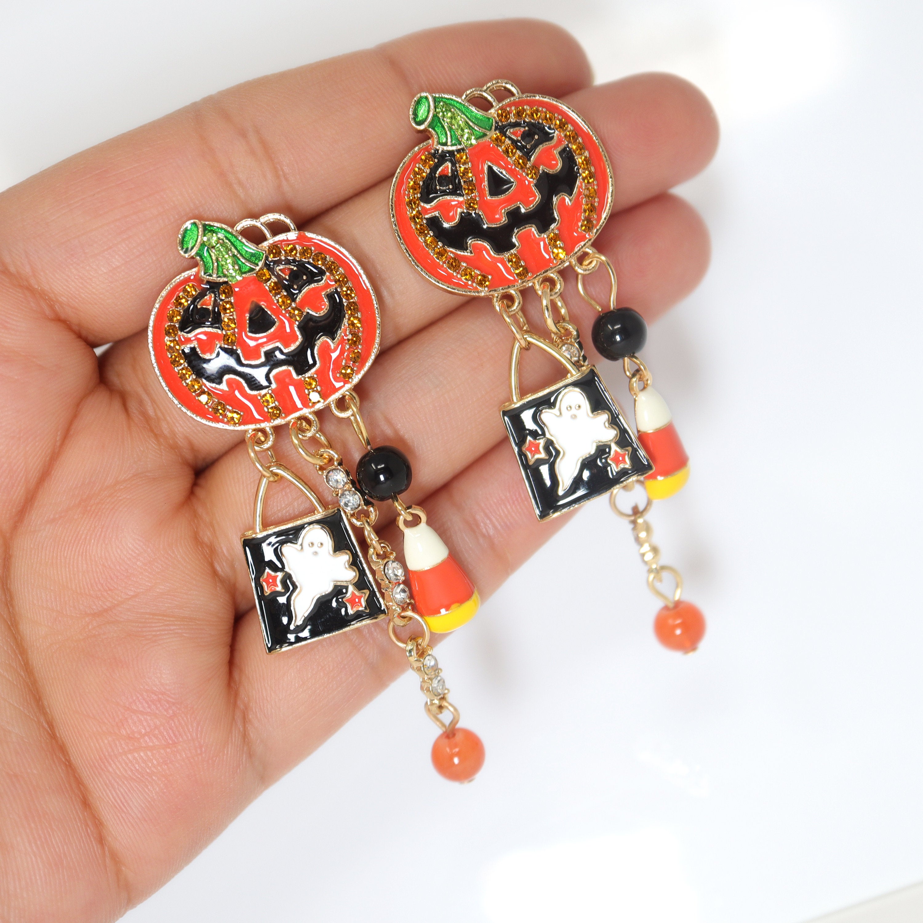 Spooky Ghost Drop Pumpkin Specter Sparklers Halloween Earrings - Long Scary Statement Earrings for Women, Halloween Party Accessories, Cosplay Costume Jewelry, Trick or Treat Outfit Decorations