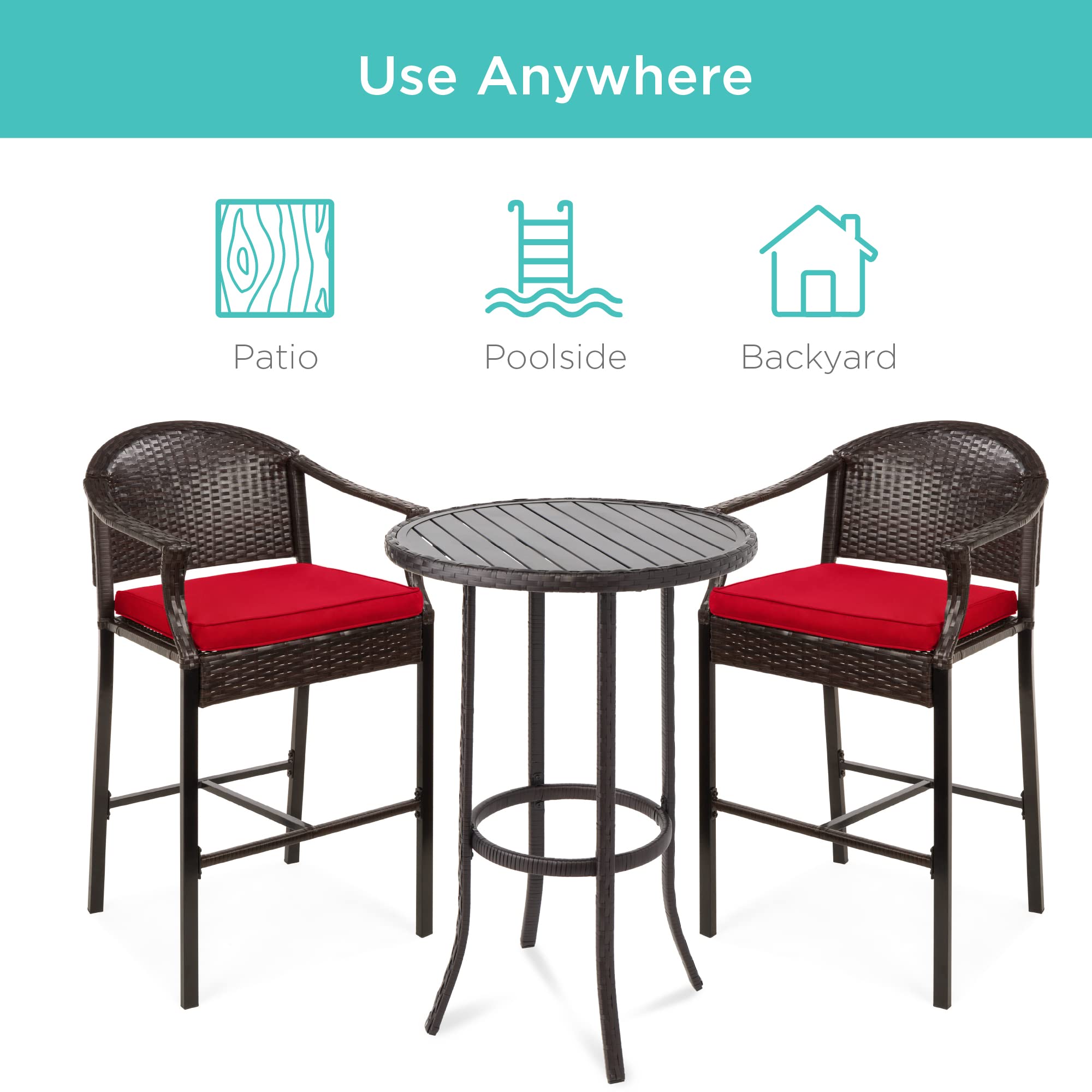 Best Choice Products 3-Piece Patio Bar Table Set - Outdoor Wicker Bar Height Bistro Furniture with Barstools & Cushions, Steel Frame in Brown/Red - Perfect for Backyard, Poolside, Balcony & Garden Entertaining