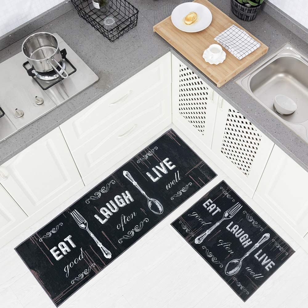 Non-Slip Kitchen Rug Set - 2 Piece TPR Backing Anti-Slip Mats for Doorway, Bathroom & High Traffic Areas (17