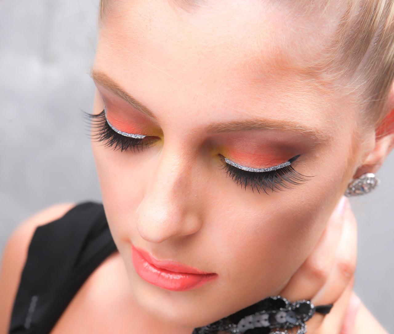 FL0020 Silver Glitter Eyeliner & False Lashes Set - Waterproof Glitter Eye Makeup for Parties, Halloween, and Special Occasions