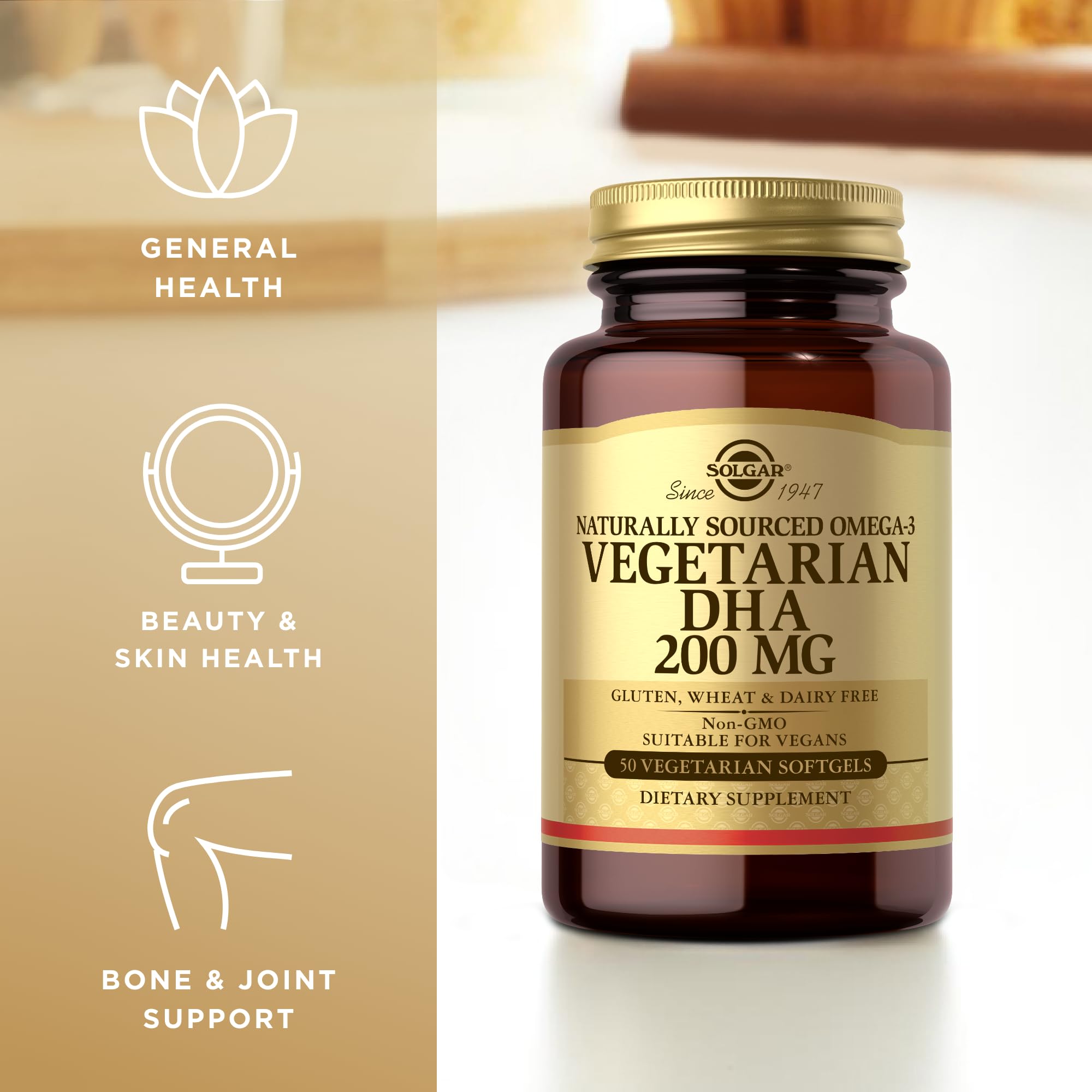 Solgar Vegetarian DHA 200 mg Omega-3 Softgels - 50 Count, Plant-Based, Vegan, Gluten Free & Dairy Free Supplement - Supports Brain, Eye & Heart Health - Perfect for Daily Wellness Routine