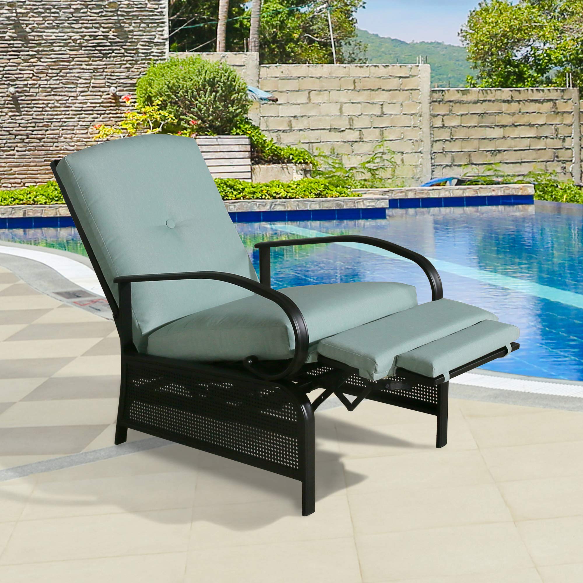 Adjustable Outdoor Reclining Lounge Chair - Patio Recliner with Sturdy Extendable Metal Frame & Removable Cushions - Perfect for Backyard, Poolside, Beach Relaxation & Sunbathing (Mist)