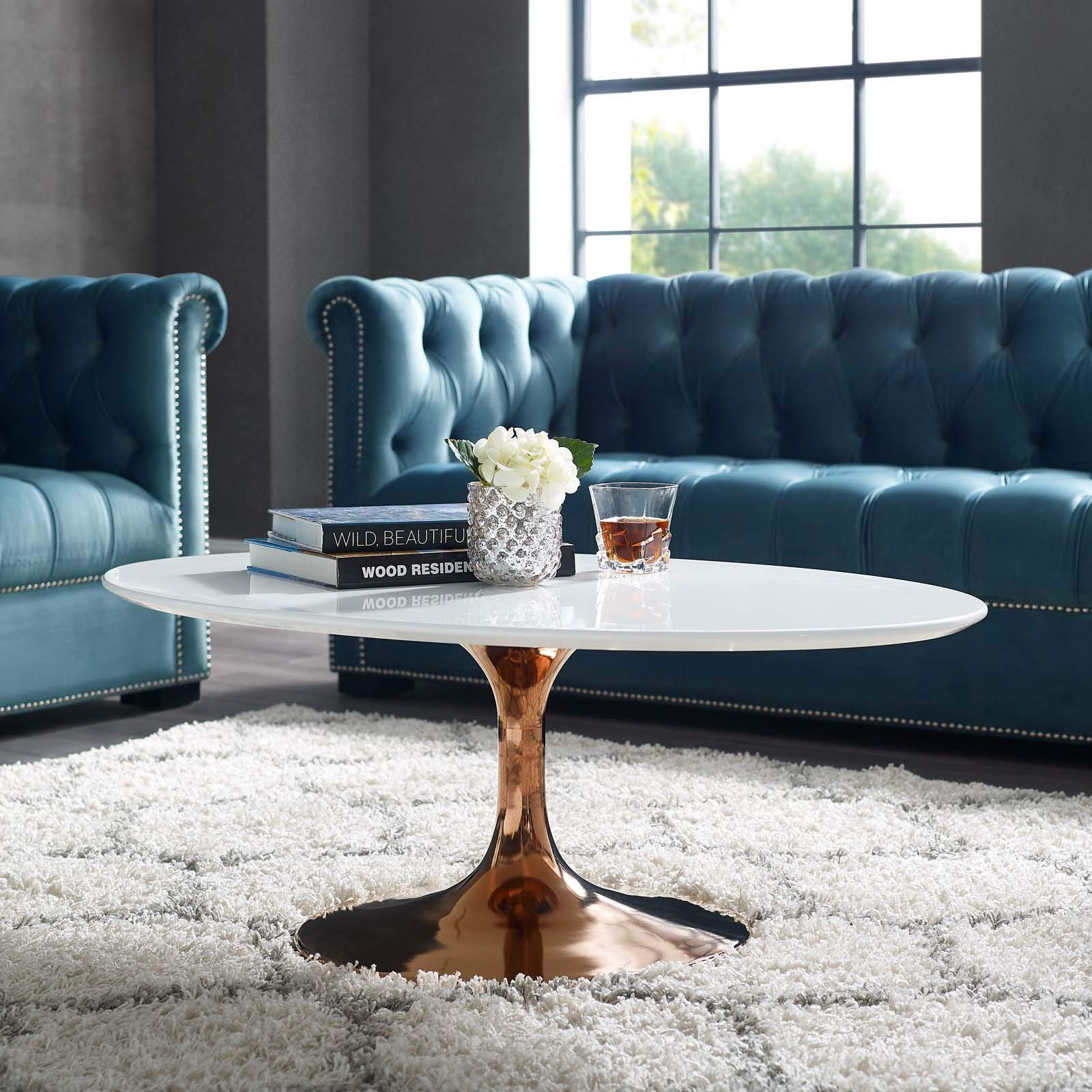 Modern Contemporary Coffee Table for Living Room, Lounge & Lobby - Metal Steel Wood Design in White & Rose Gold - Perfect for Home Decor, Office Waiting Area & Hotel Reception